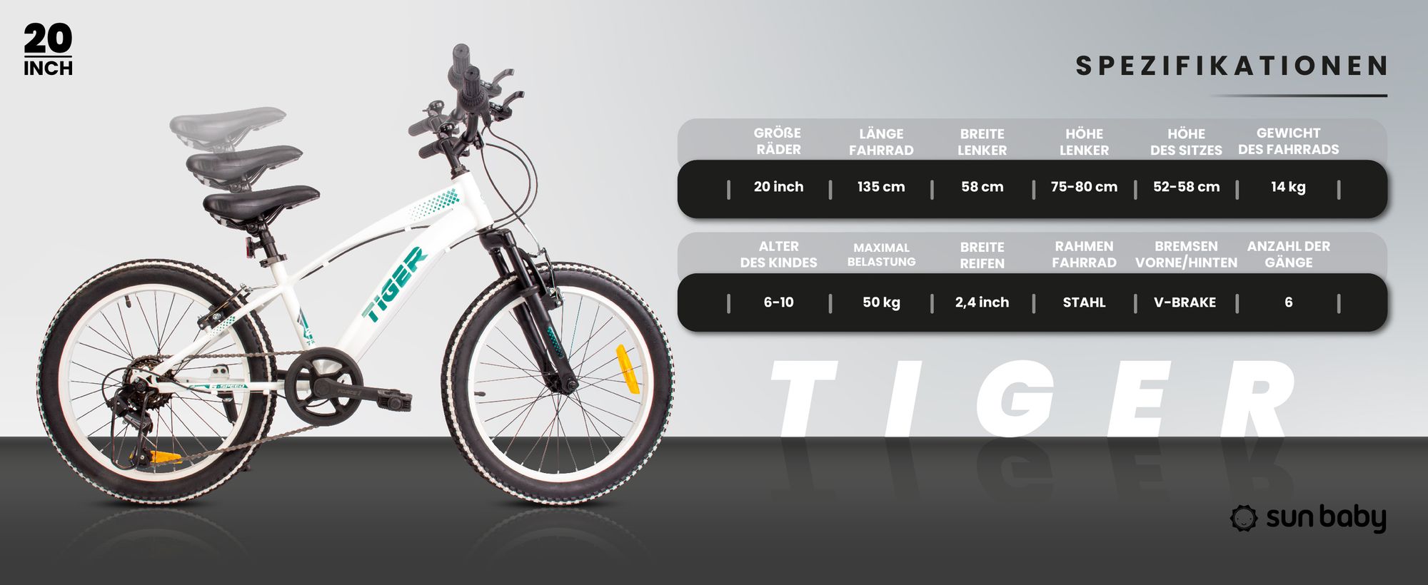 Kinderfahrrad Jungenfahrrad 20 Zoll Fahrrad mit 6 gang Kettenschaltungen Shimano RevoShift Tiger Bike weiß