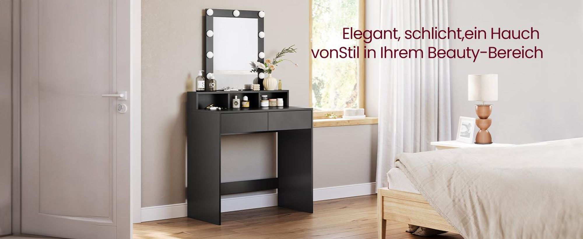 VASAGLE Schminktisch mit LED-Beleuchtung, einstellbare Helligkeit, schwarz