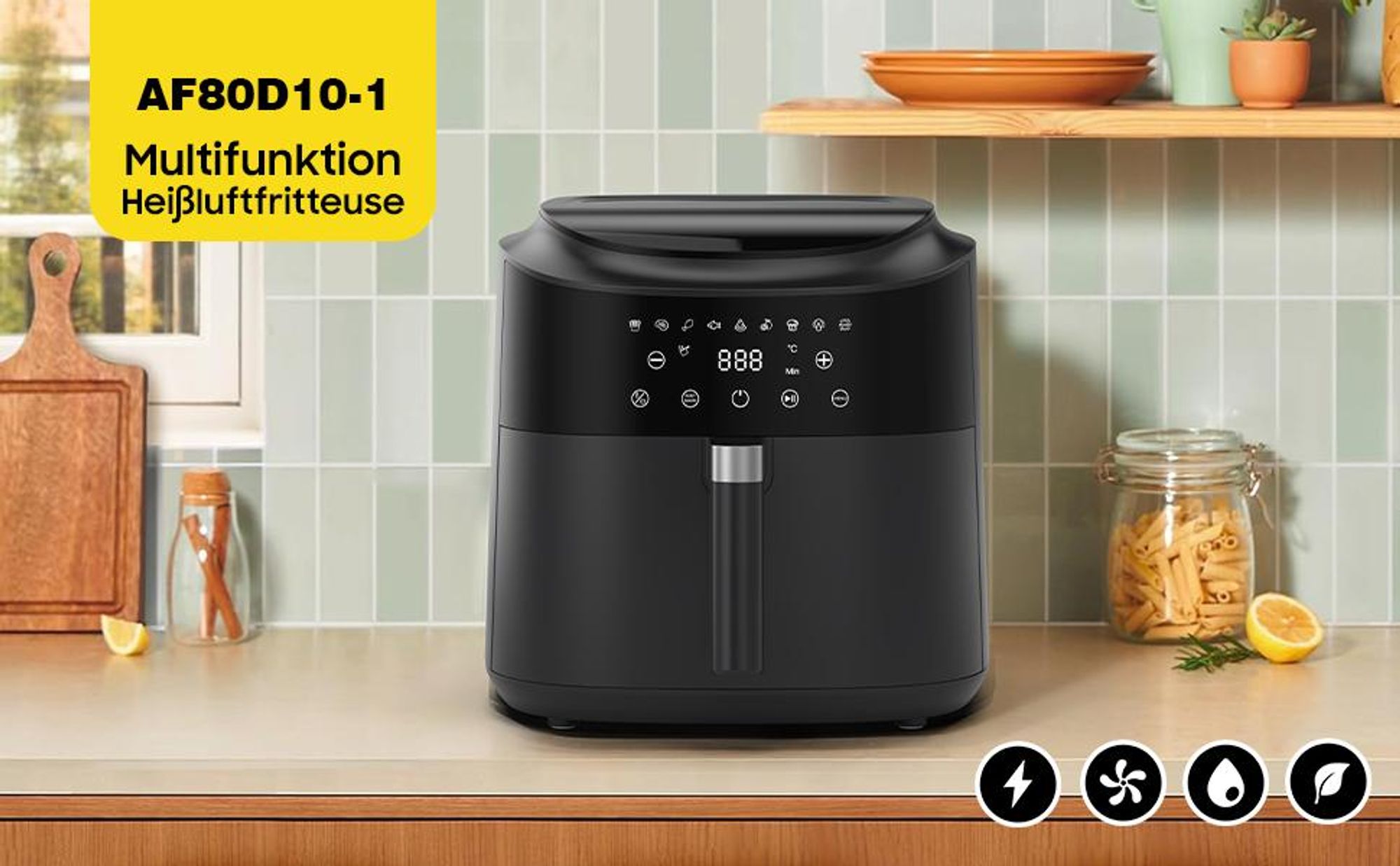 Heißluftfritteuse 9L Großkapazität - 9 Programmvoreinstellungen, 2350W hohe Leistung, 360° Heißluftumwälzung, Digital, LED-Touchscreen