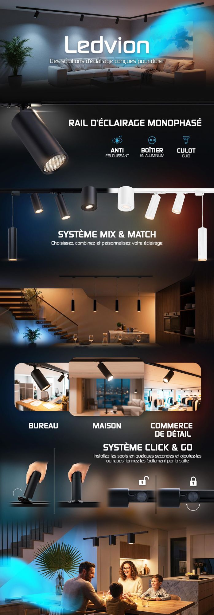 Ledvion systeme rail LED 1m monophase Noir 3 spots sans ampoule GU10