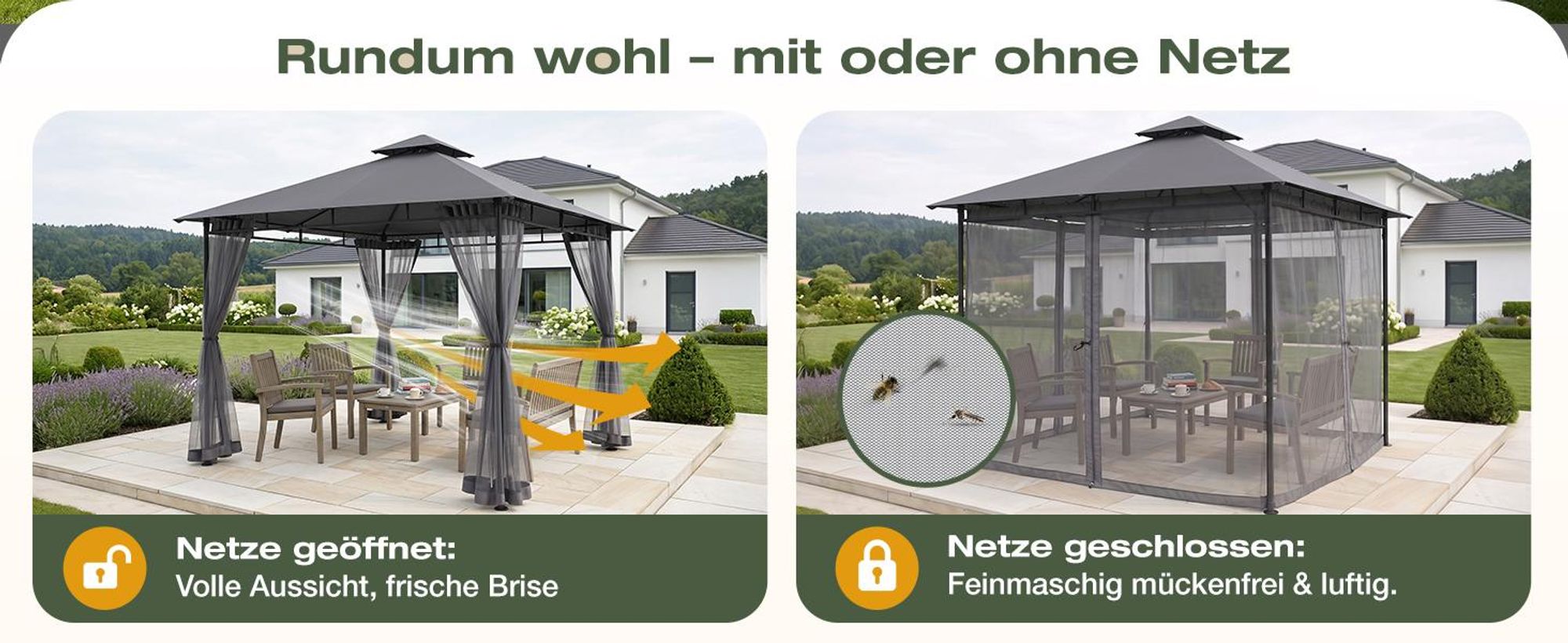 Sekey Pavillon 3×3 m Gartenpavillon Wasserdicht Doppeldach Gartenzelt mit Moskitonetz UV50+ Partyzelt Festzelt
