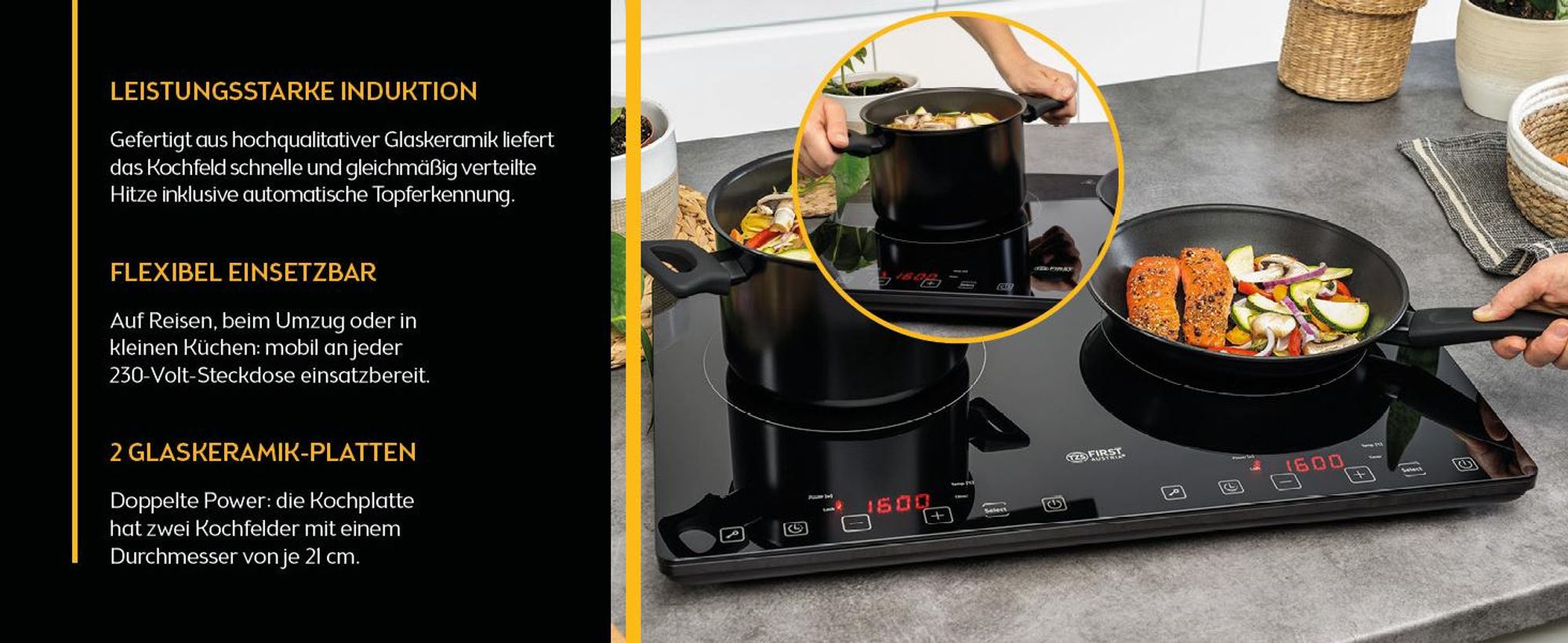 TZS First Austria - Induktionskochplatte 3400W doppelt - 10 Temperaturstufen & Timer - Slim Design, Touch Control