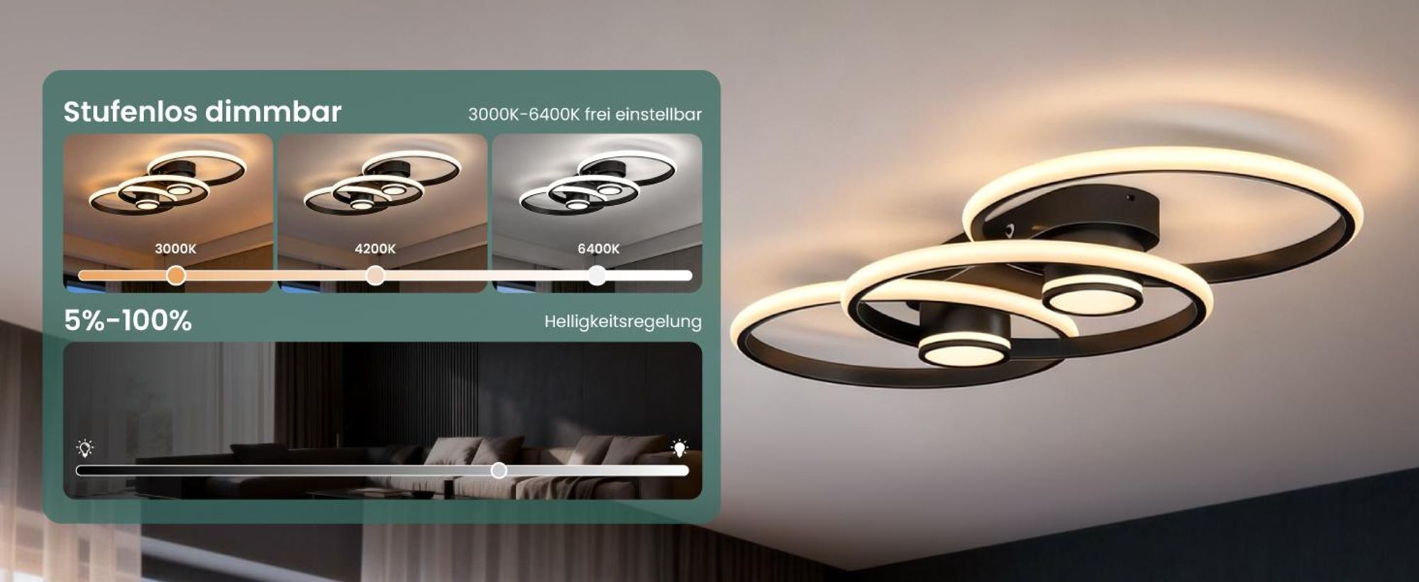 Mai & Mai LED Deckenleuchte Deckenlampe mit Fernbedienung 75cm, Stufenlos dimmbar 3000-6400K, Zimmerlampe 70W Schwarz Alivetta25037