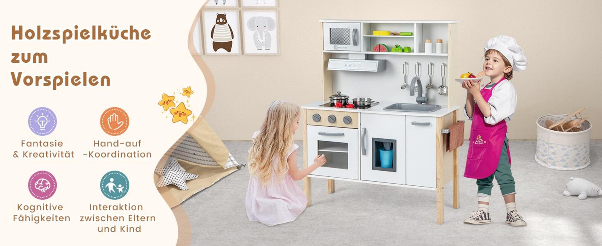 COSTWAY Kinderküche Spielküche inkl. 18 Zubehör, Kinder Küche Holz mit Spüle Mikrowelle Eismaschine Backofen, Dunstabzugshauben für Kinder 3+, Weiß