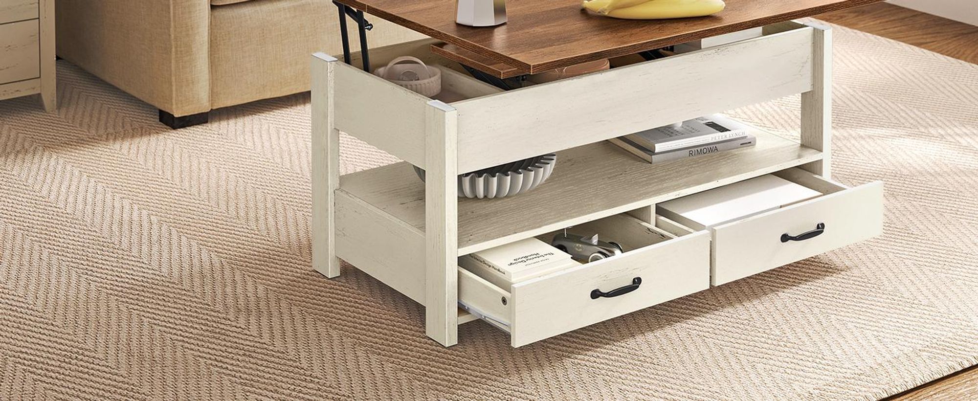 VASAGLE Couchtisch, Wohnzimmertisch, Gaszylinder, höhenverstellbar, viel Stauraum, Kaffeetisch, für Wohnzimmer, braun-weiß
