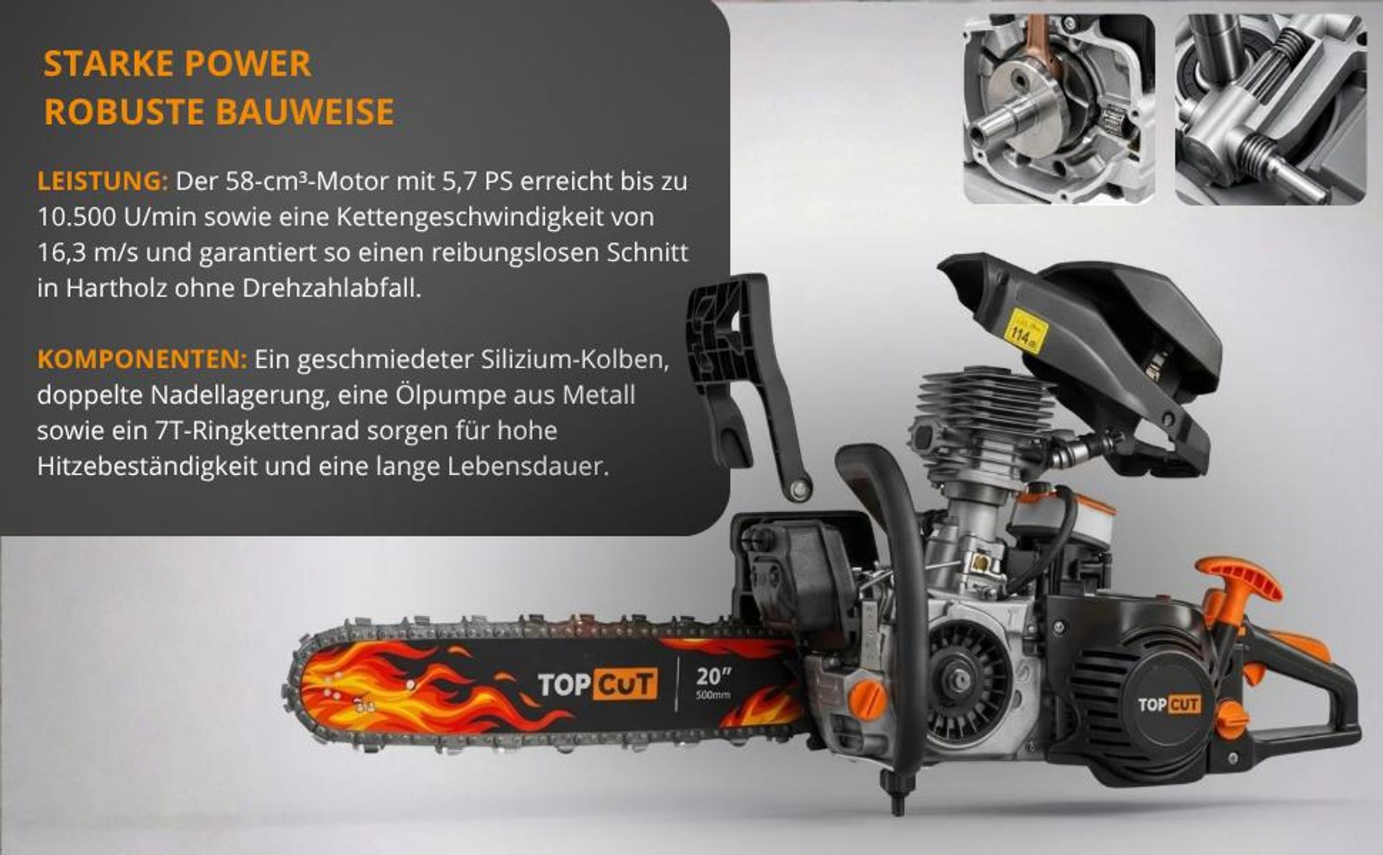 TOP CUT TC-CS58 Benzin Kettensäge Motorsäge 5,7 PS | 58 ccm | 2 Schwerter 40 & 50 cm | 2 Ketten | Easy Start Seilzug | XXXL Zubehör Set