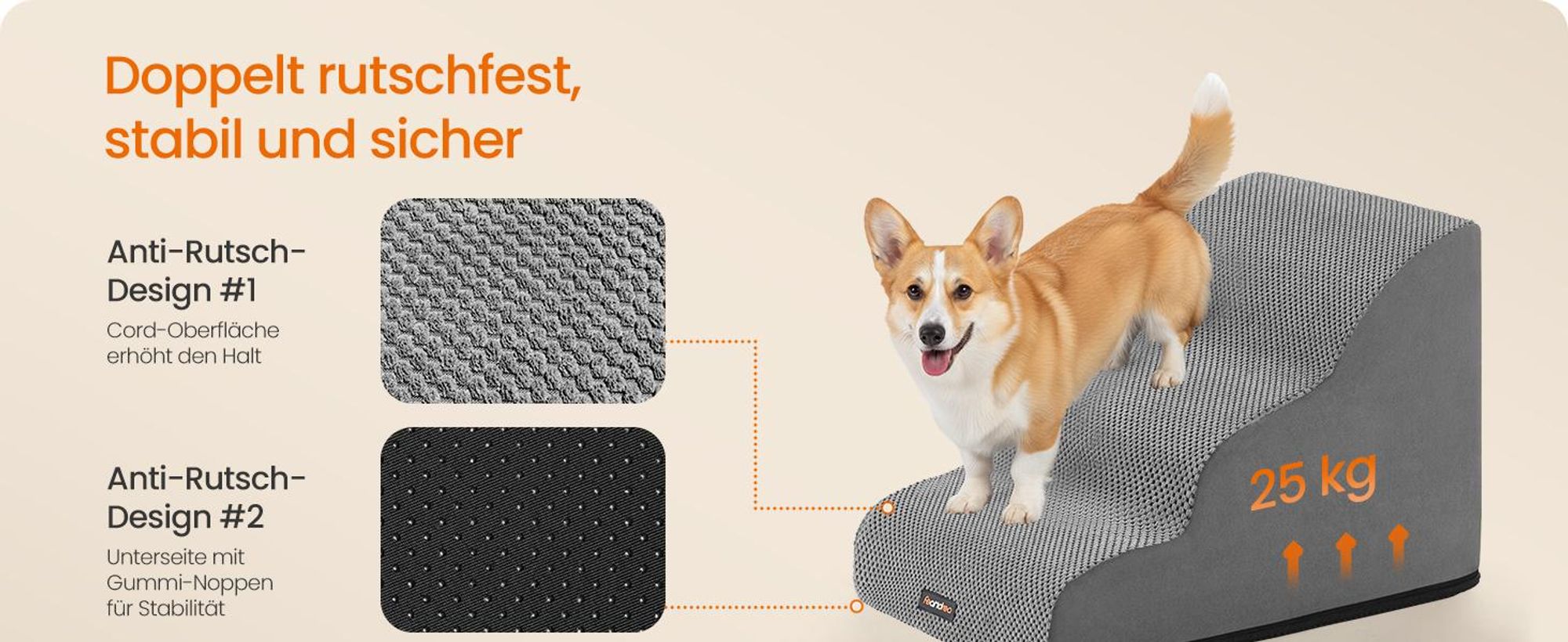 Feandrea Hundetreppe, 3 Stufen, Waffelcord, Haustiertreppe, für Bett, Sofa, wasserdicht, rutschfest, geringe Neigung, abnehmbarer waschbarer Bezug