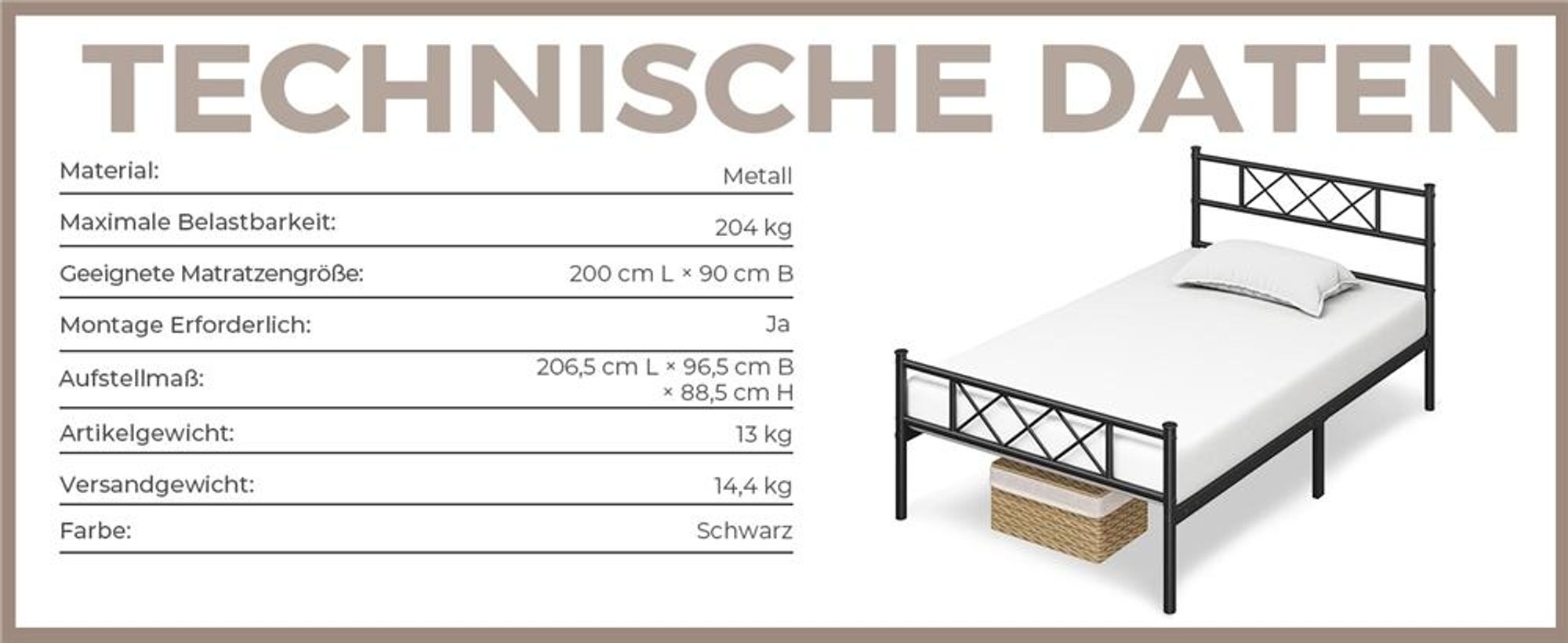 Yaheetech Metallbett Bettgestell mit Kreuzdesign Kopfteil, 90 x 200 cm Bettrahmen, Schwarz