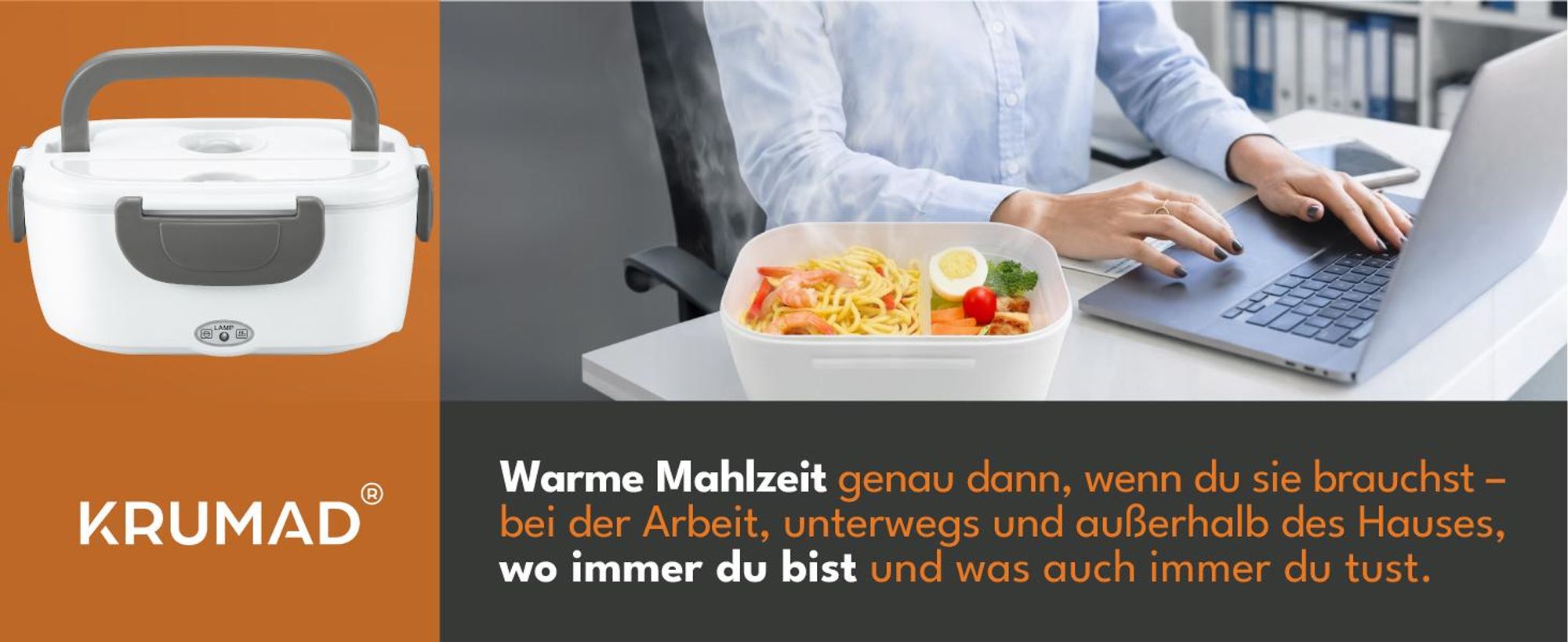 KRUMAD Elektrische Lunchbox 1,05L, 12V/24V/230V Food Warmer mit 2 Fächern, Schnellaufwärmen für Büro, Auto, Arbeit, USB-Aufladung, Kompakt & Praktisch
