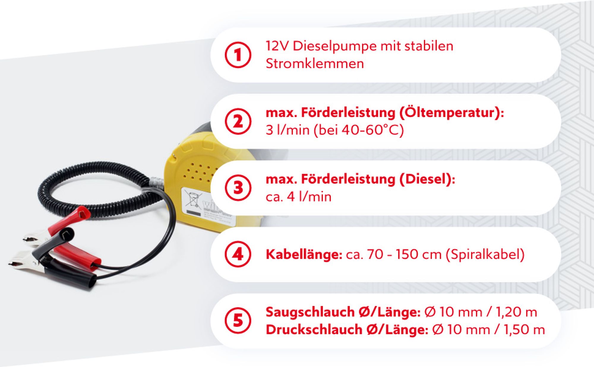 Wiltec Ölabsaugpumpe 12 V 60 W, 130 x 130 x 85 mm, 1,5 l/min, Absaugpumpe für Diesel, Biodiesel, Heizöl, Dieselpumpe Ölpumpe Heizölpumpe für den Ölwechsel