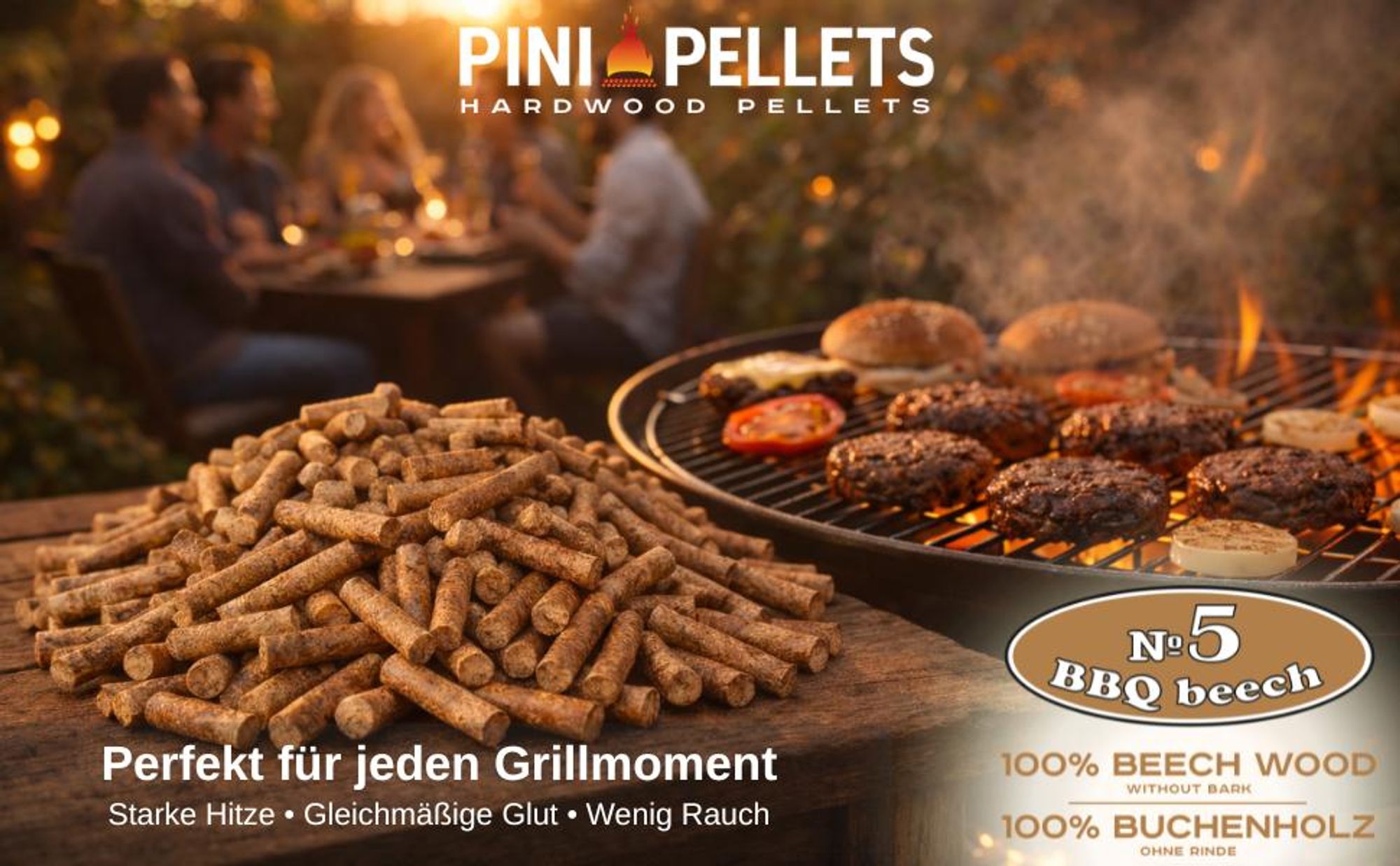 PINI Hartholz Pellets 100% Buche №5 BBQ Beech 10 Kg Grillpellets zum Grillen Räuchern Smoken
