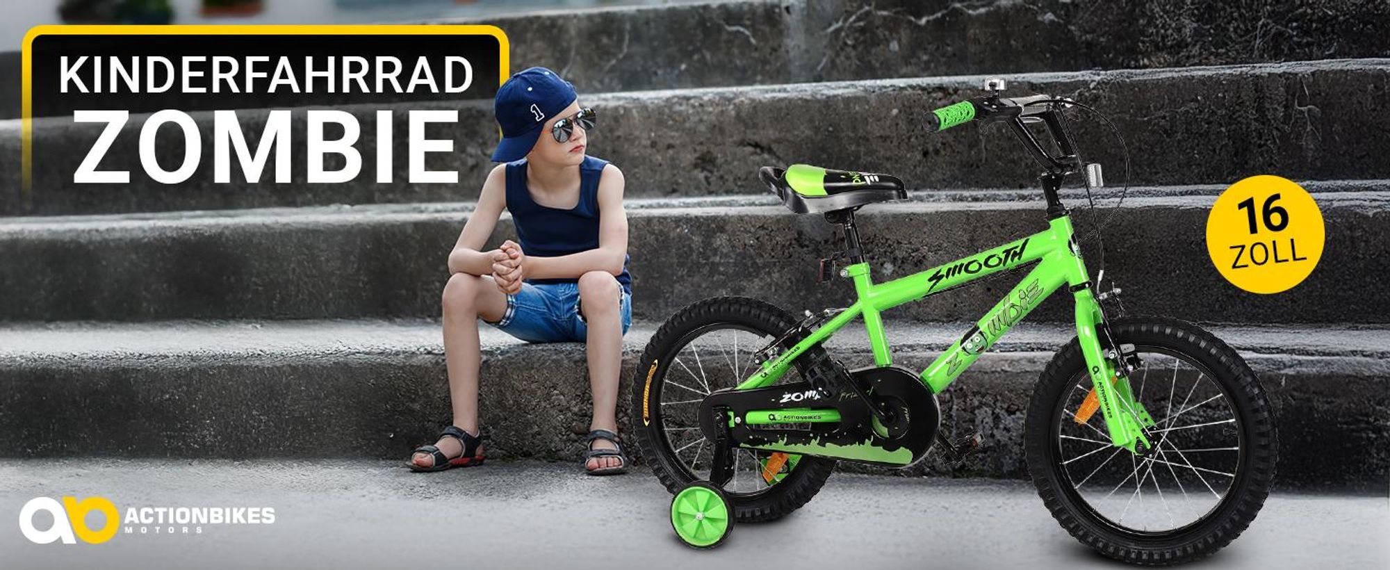 Actionbikes Kinderfahrrad Zombie 16 Zoll | Kinder Fahrrad - Mädchen & Jungen - Bicycle - V-Brake Bremsen - Schutzblech - Stützräder - 4-7 Jahre (Grün)