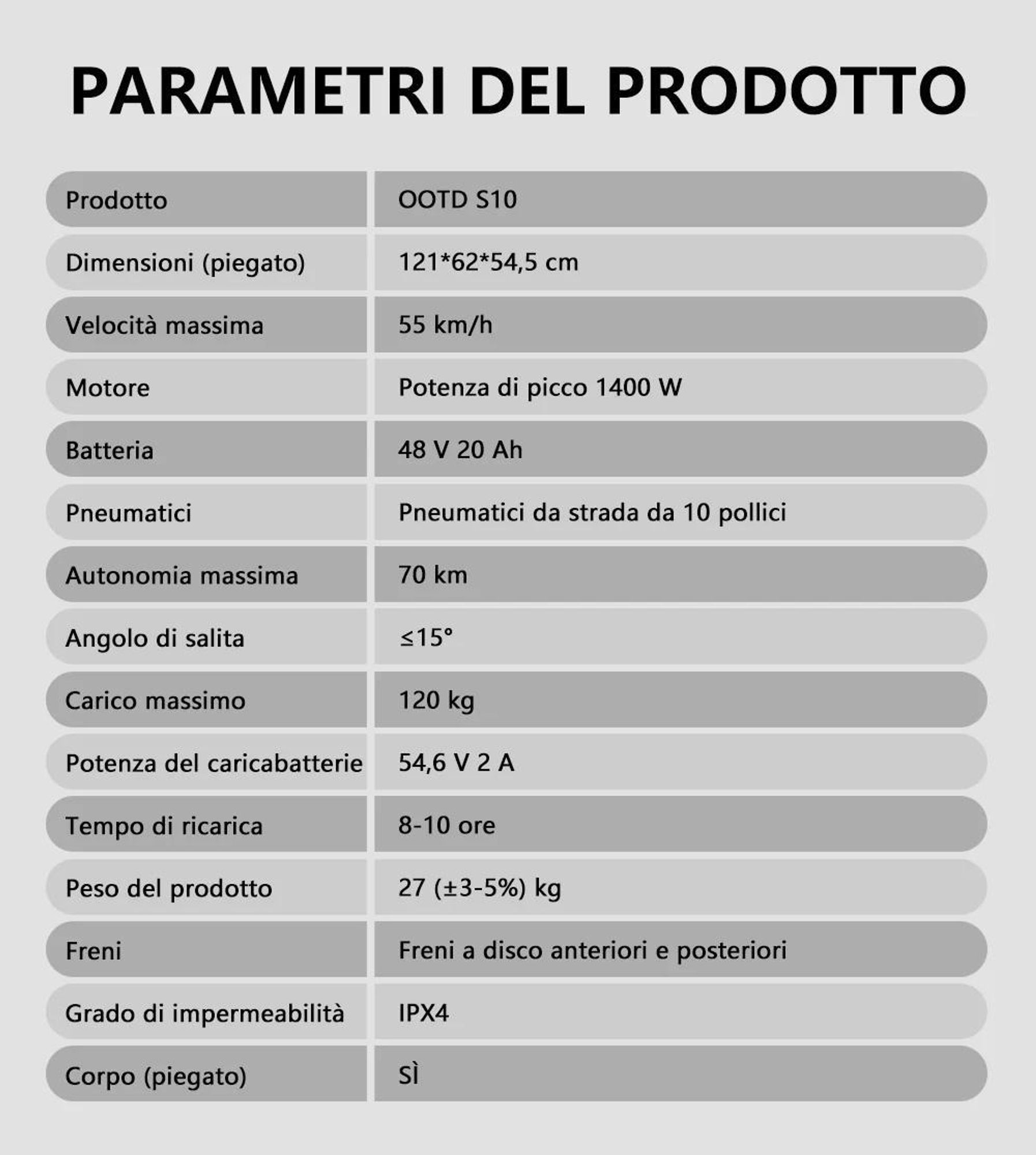 Monopattino elettrico OOTD S10 - Motore 1400W Batteria 48V20AH Pneumati 10" Freni A Disco - Nero