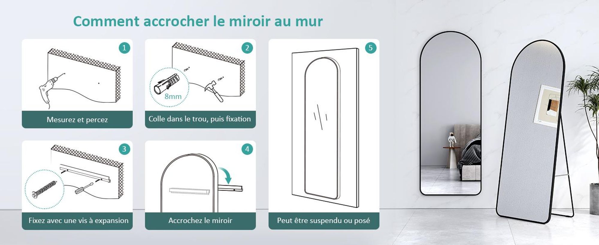 EMKE Miroir sur pied 160x60cm Miroir corps entier Noir Cadre aluminium Miroir bombé Miroir d'habillage avec film à fenêtre anti-explosion