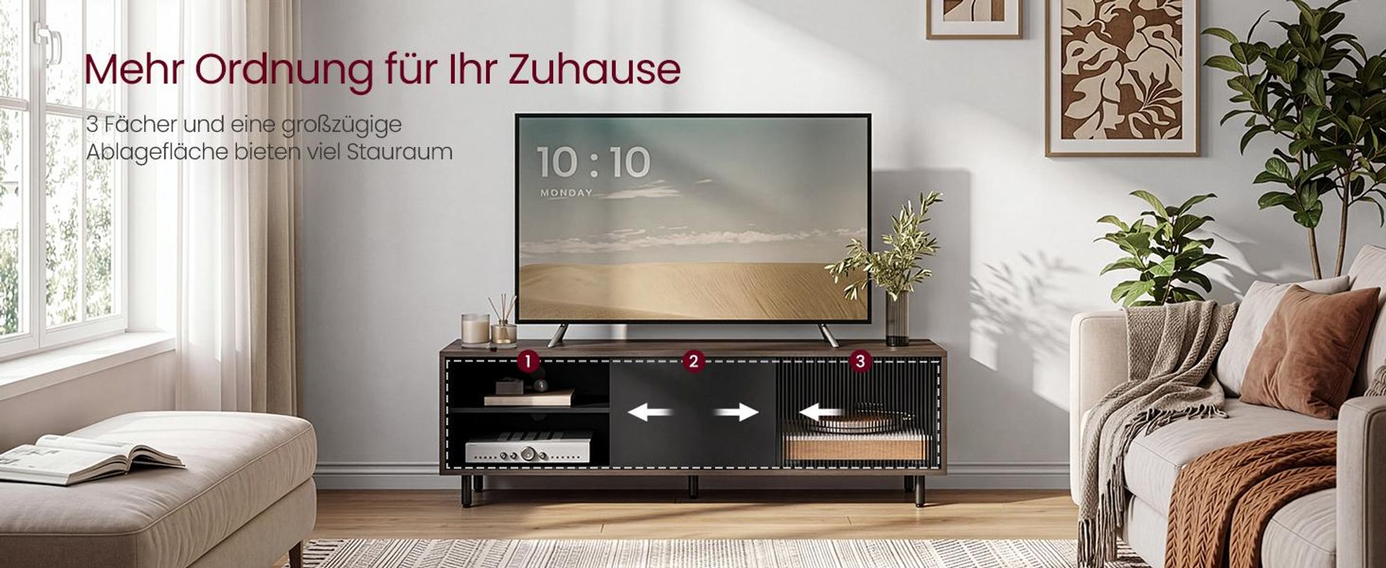 VASAGLE TV-Schrank, Fernsehtisch Wohnzimmer, geriffeltes Glas modern