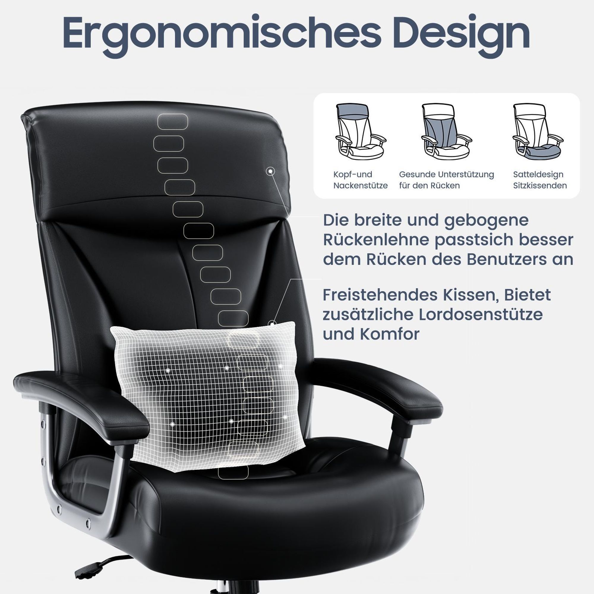 Ergonomisch geformte Rückenlehne mit zusätzlichem Lendenkissen für optimale Rückenstütze