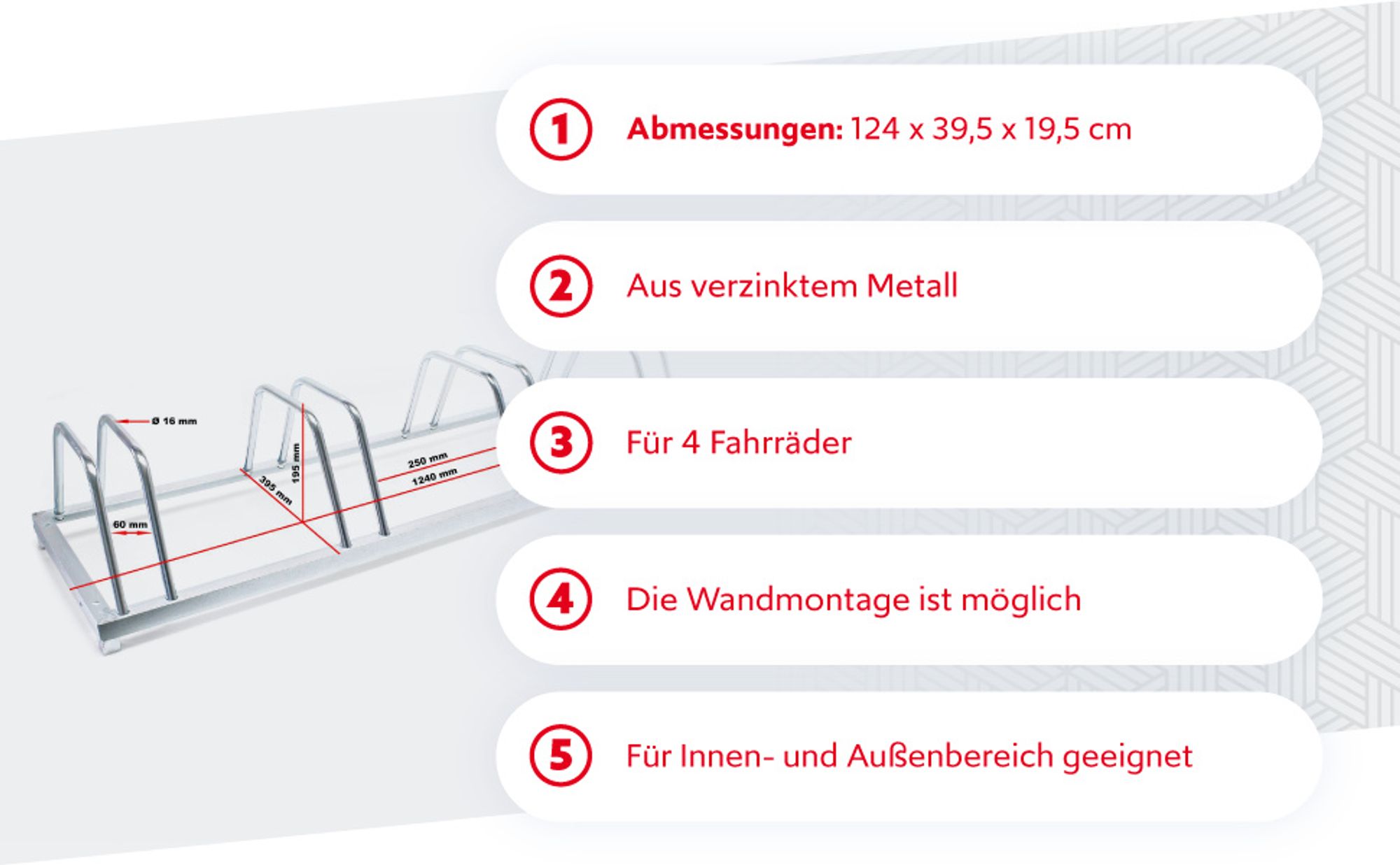 Wiltec Fahrradständer für 4 Fahrräder 124x39,5x19,5cm aus verzinktem Stahl und für Wandmontage geeignet Reihenparker Fahrradbügel