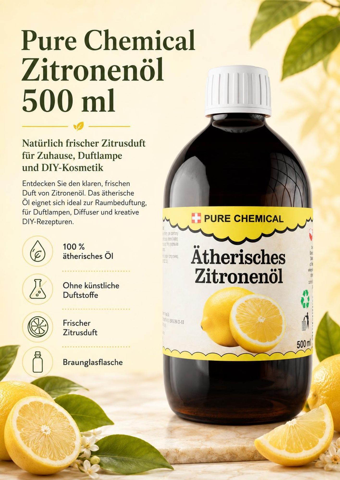 Zitronenöl 500 ml, 100% natürliches ätherisches Öl, Citrus Limon Peel Oil, für Diffuser, Aromatherapie & DIY-Kosmetik | Pure Chemical™