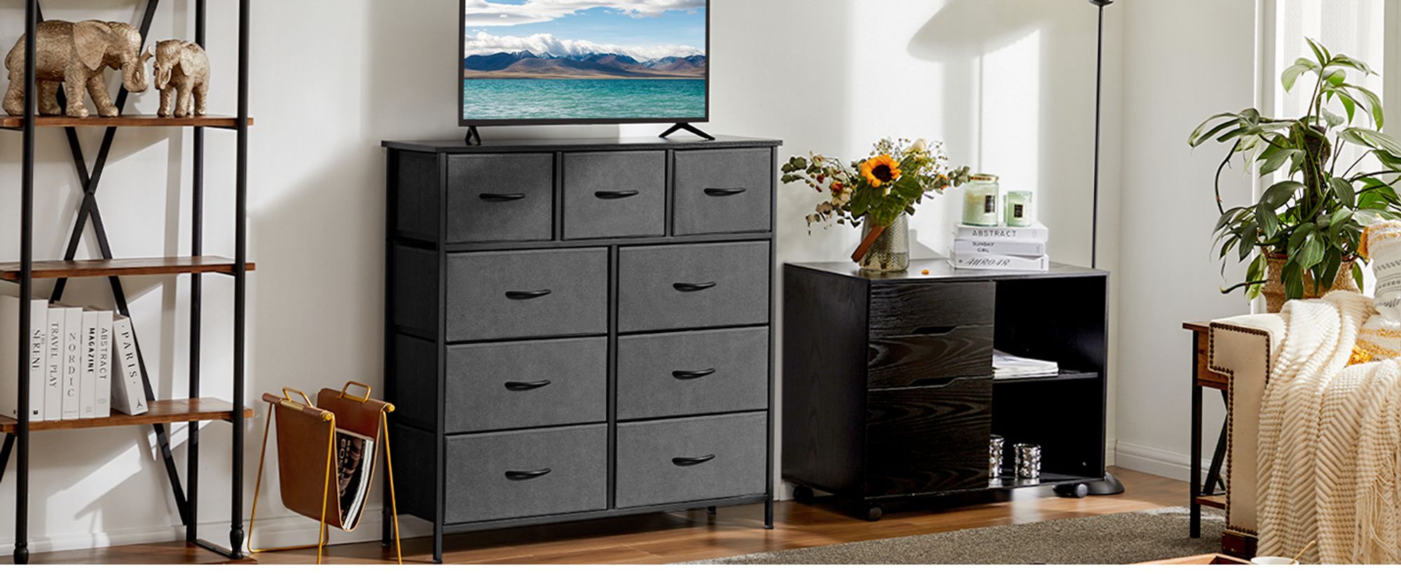 Sweetcrispy Kommode mit 9 Stoffschubladen ，Stoffkommode mit Stabilem Stahlrahmen, Ideal für Schlafzimmer, Wohnzimmer Mehrzweckschrank Schrank
