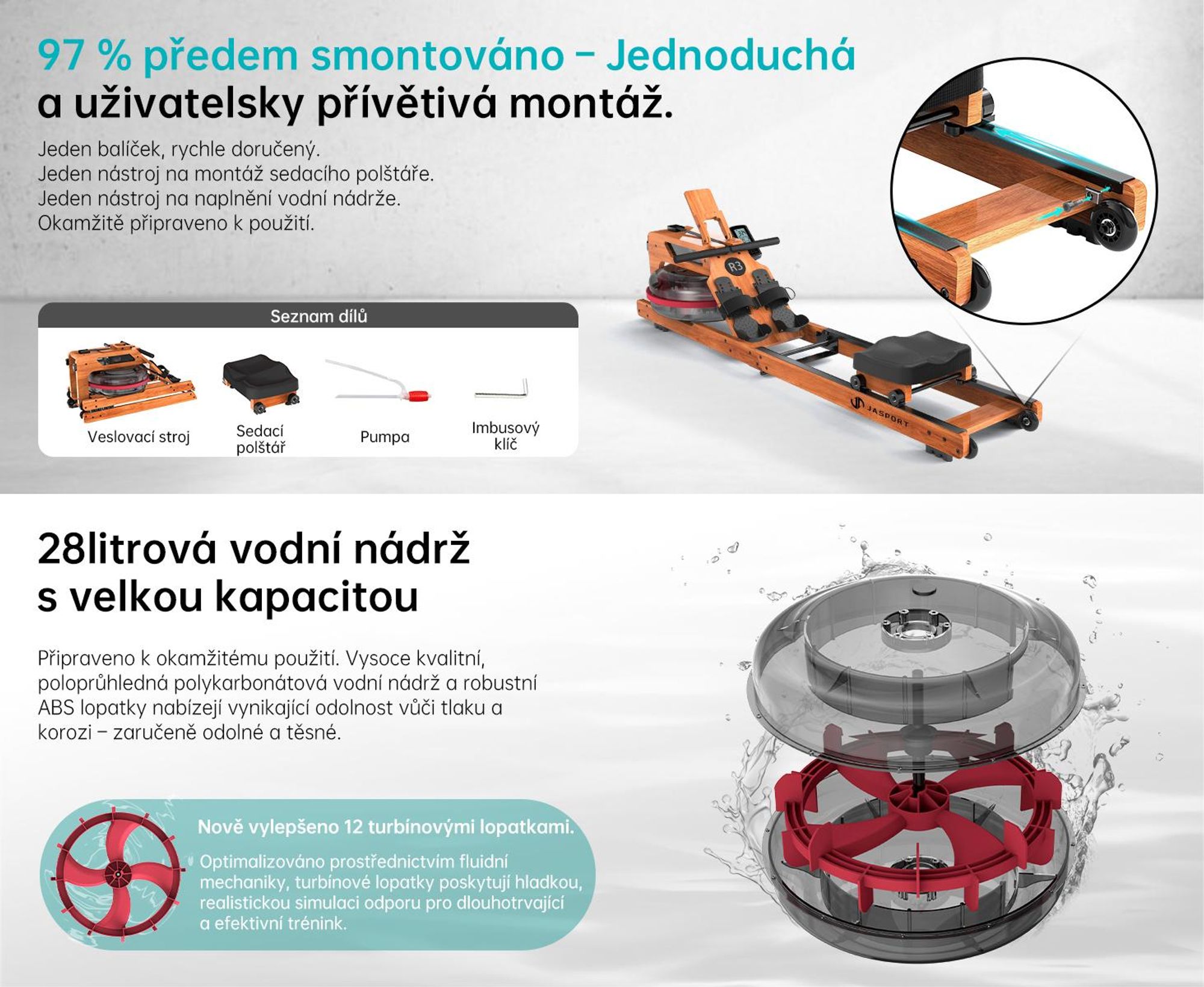 Skládací veslařský trenažér JASPORT R3 s LCD displejem podporujícím Bluetooth, kompatibilní s Kinomap, 28litrovou nádrží na vodu, nosnost až 150 kg – barva třešňového dřeva