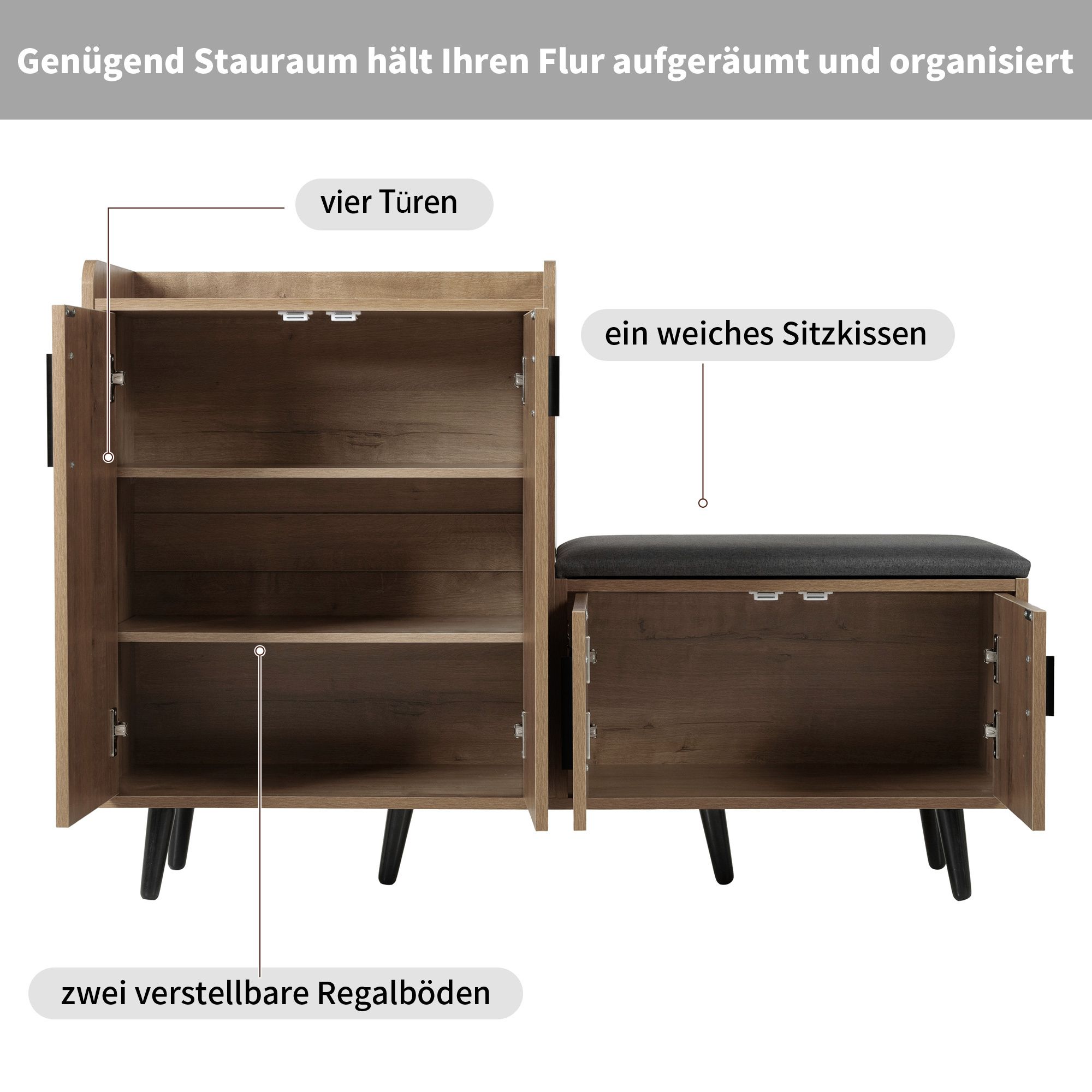 Merax Schuhschrank mit Sitzbank, Schuhregal mit Kippsicherung und gepolsterter Sitzfläche, Holzoptik 4 Türen, Stauraum für Schuhe & Taschen, Natur