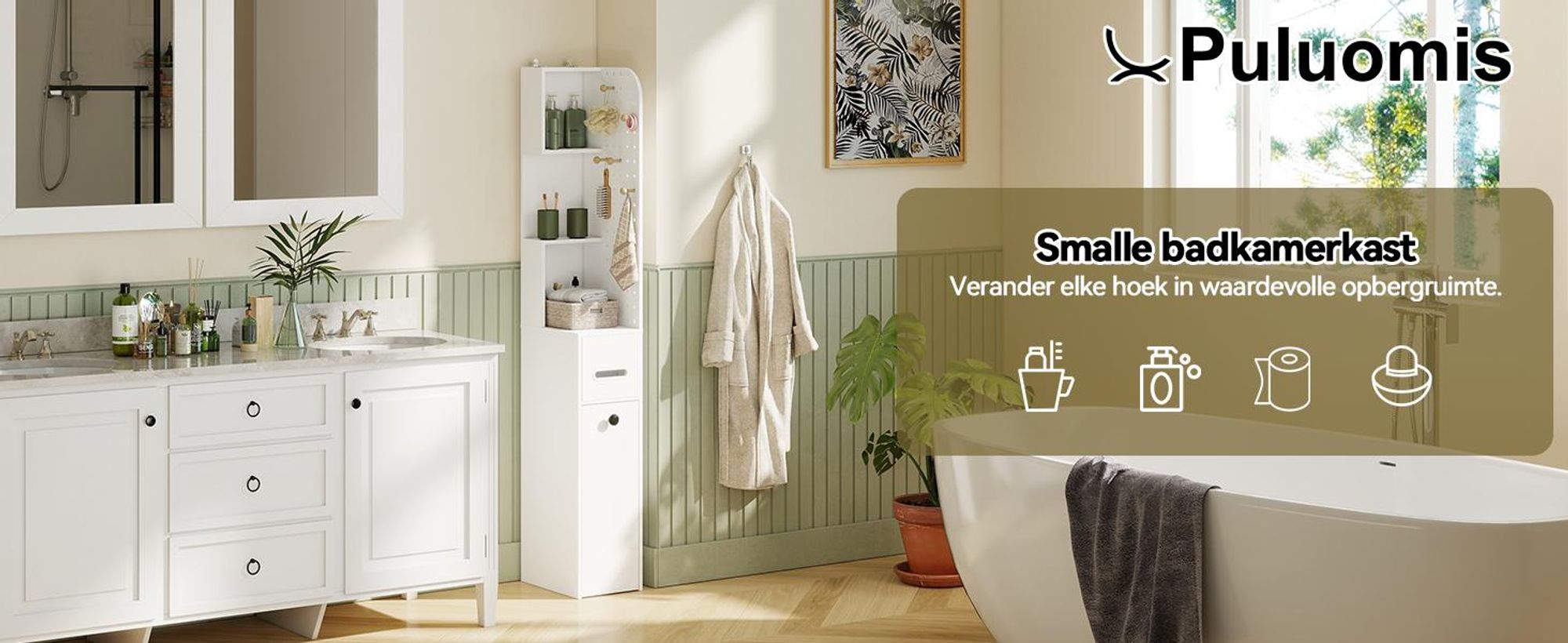 Puluomis Badkamerkast, badkamerkast met lades, wandpaneel, smalle hoge kast 35x24x165 cm, opbergkast voor badkamer en keuken, wit