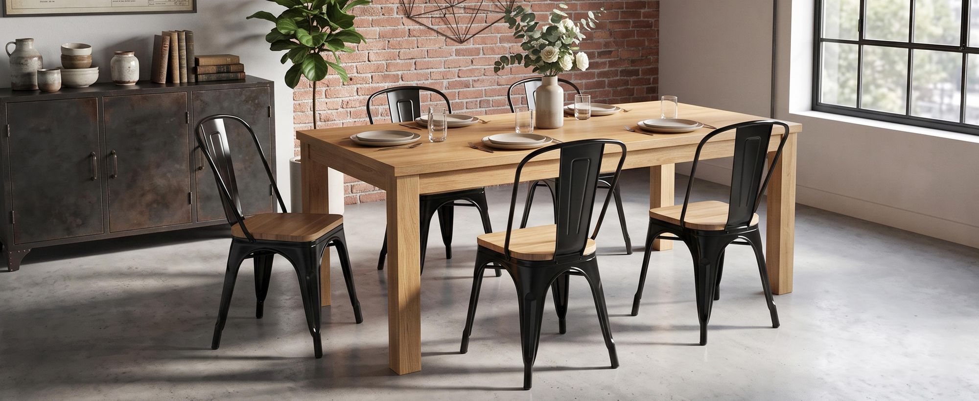 4x chaise de cuisine chaise de salle à manger en METAL assise en bois empilable, couleur:noir+bois naturel , matériel:métal