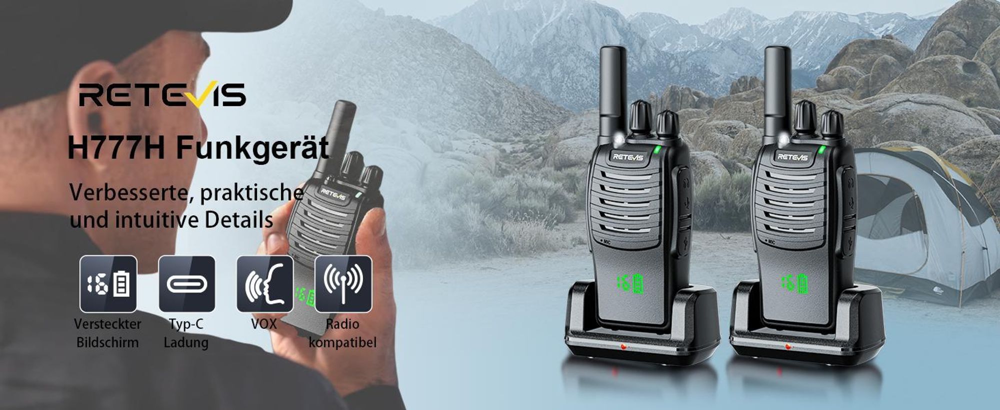 Retevis H777H Funkgerät, Walkie Talkie Erwachsene mit EIN-klick-Pairing, Verstecktes Display mit LED, USB-C, Notfallalarm, VOX, Walkie Talkie 3er Set