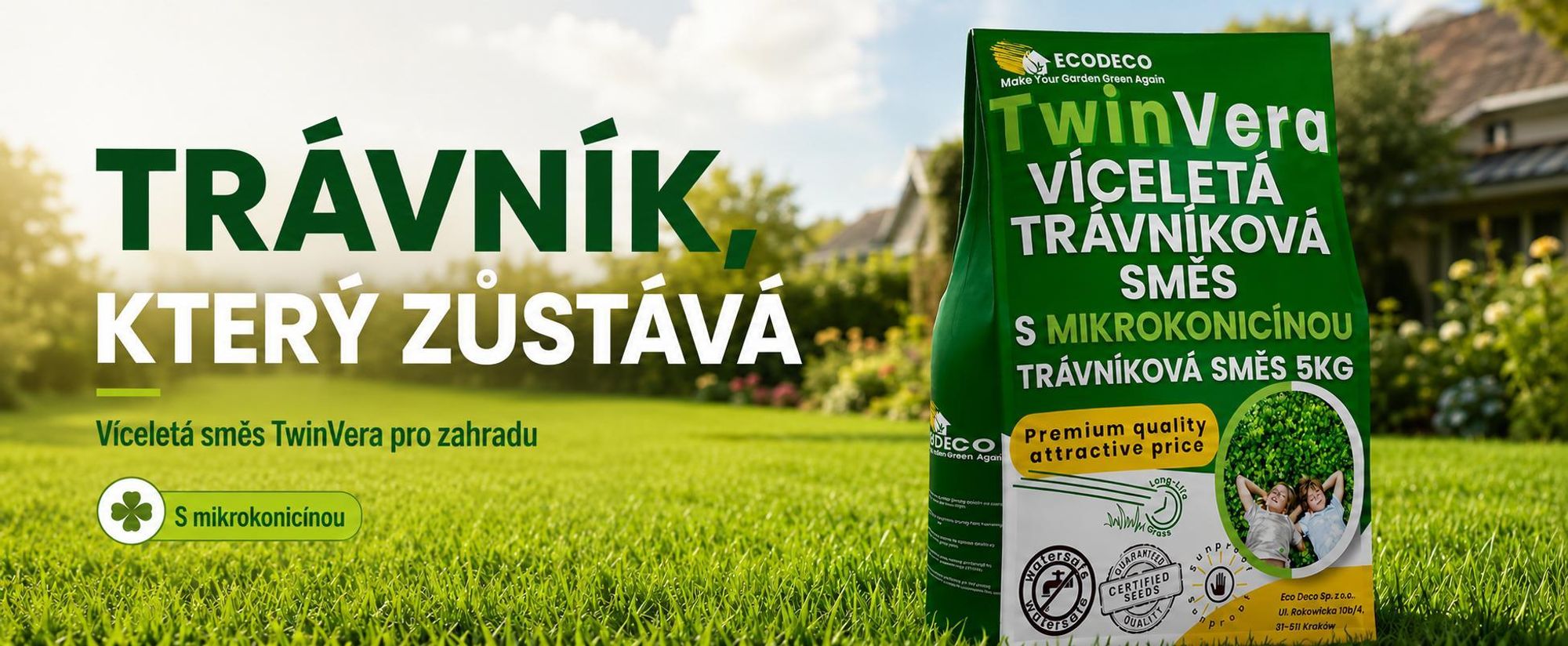 EcoDeco semena trávy s mikrojetelem, samonakládací směs, 5 kg pro 200 m²