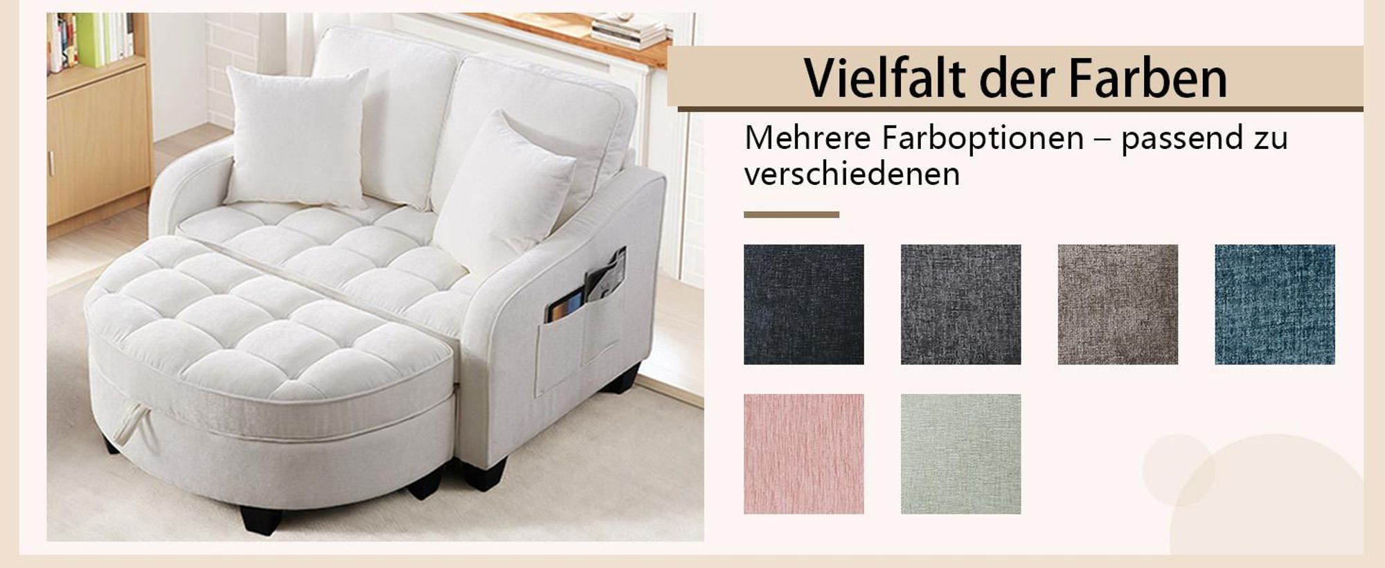 MODFU Multifunktionales Sofa Schlafsofa mit Aufbewahrungs-Hocker,Relaxsofa mit rutschfeste Kunststoffbeine,Beige