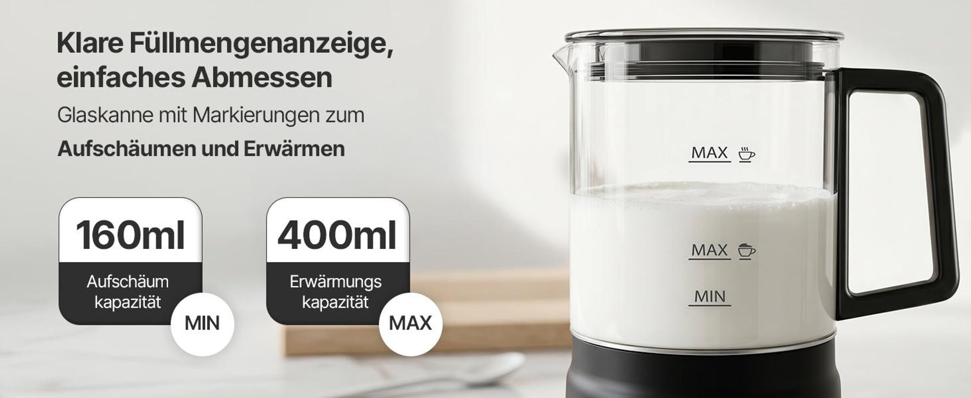 Olvy Elektrischer Milchaufschäumer aus Glas 4-in-1, 500 W, Temperaturanzeige, 160 ml Milchschaum, 400 ml Milcherhitzung, Heiß- & Kaltschaum, Schwarz