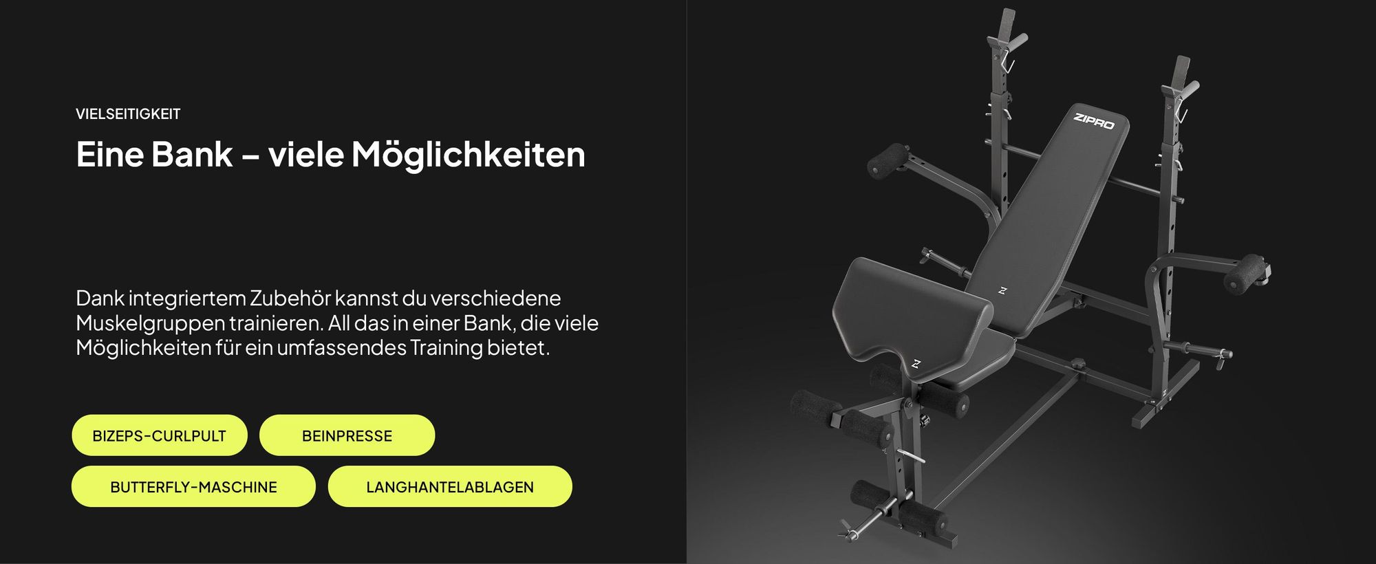 Zipro Multifunktions-Hantelbank Ripped – Kraftstation mit Butterfly Beincurler Inkl. Curlpult & Dip-Station Verstellbare Schrägbank mit Hantelablage