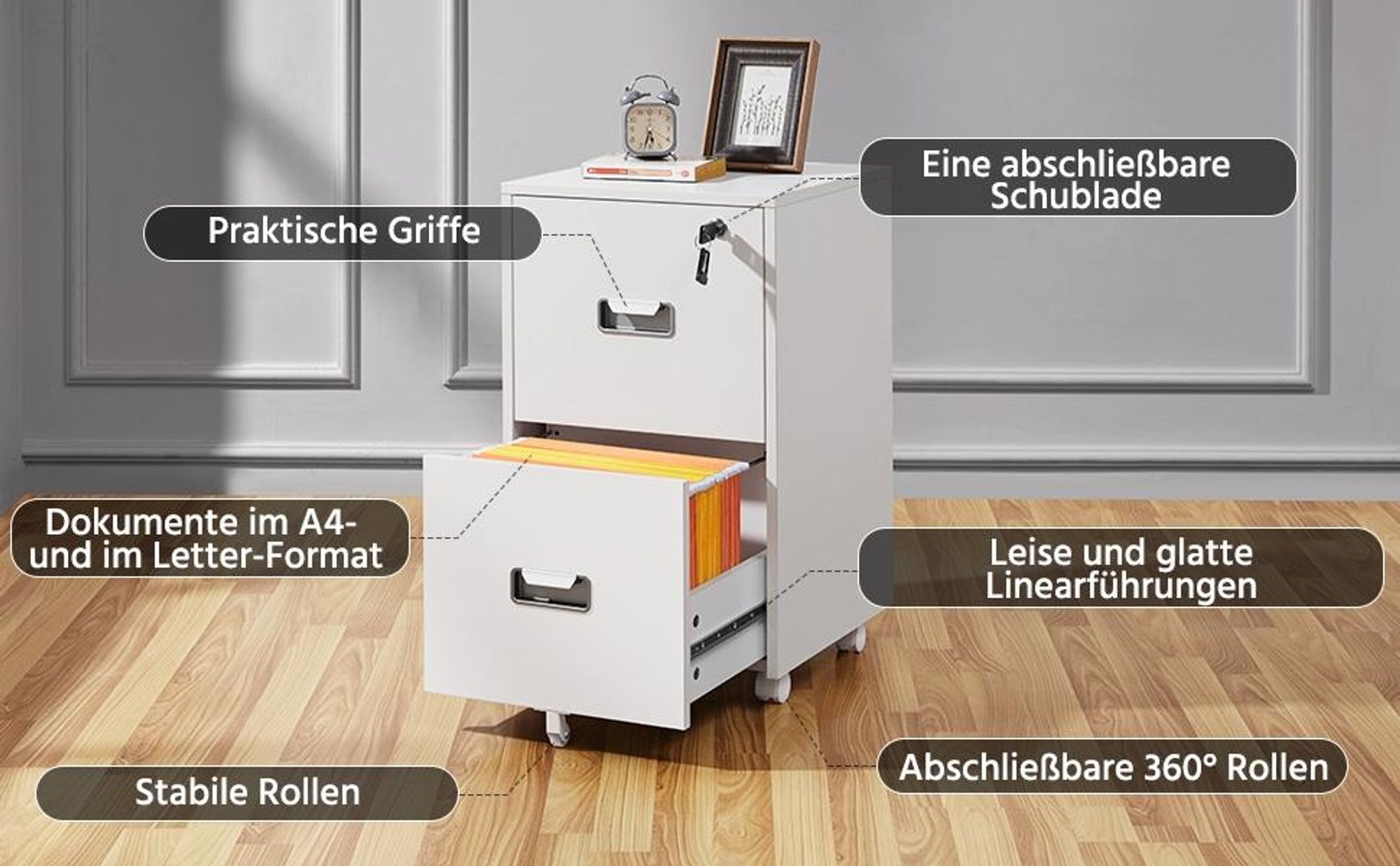 Yaheetech Rollcontainer Aktenschrank abschließbare Büroschrank mit Hängeregistratur und 2 Schubladen für Arbeitszimmer/Büro/Wohnzimmer