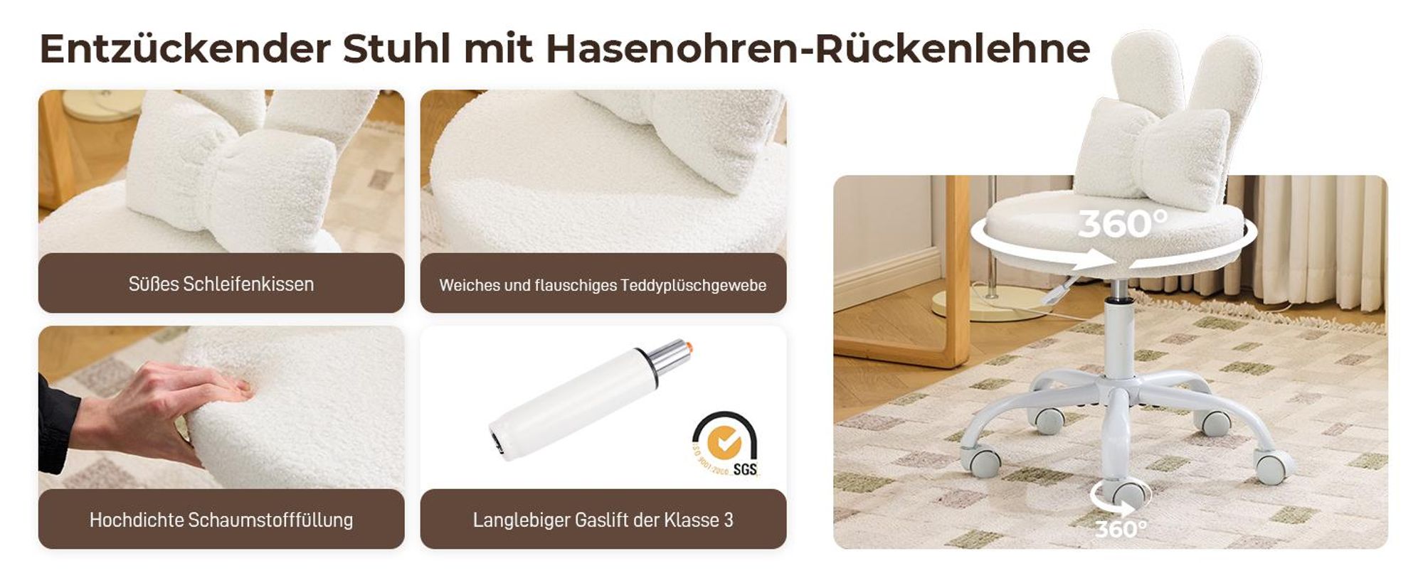 FCH Kaninchenohren-Design Drehstuhl, Homeoffice Stuhl, Kinder Schreibtischstuhl kinderschreibtischstuhl Jungendstuhl Hasenohr360°, weiß