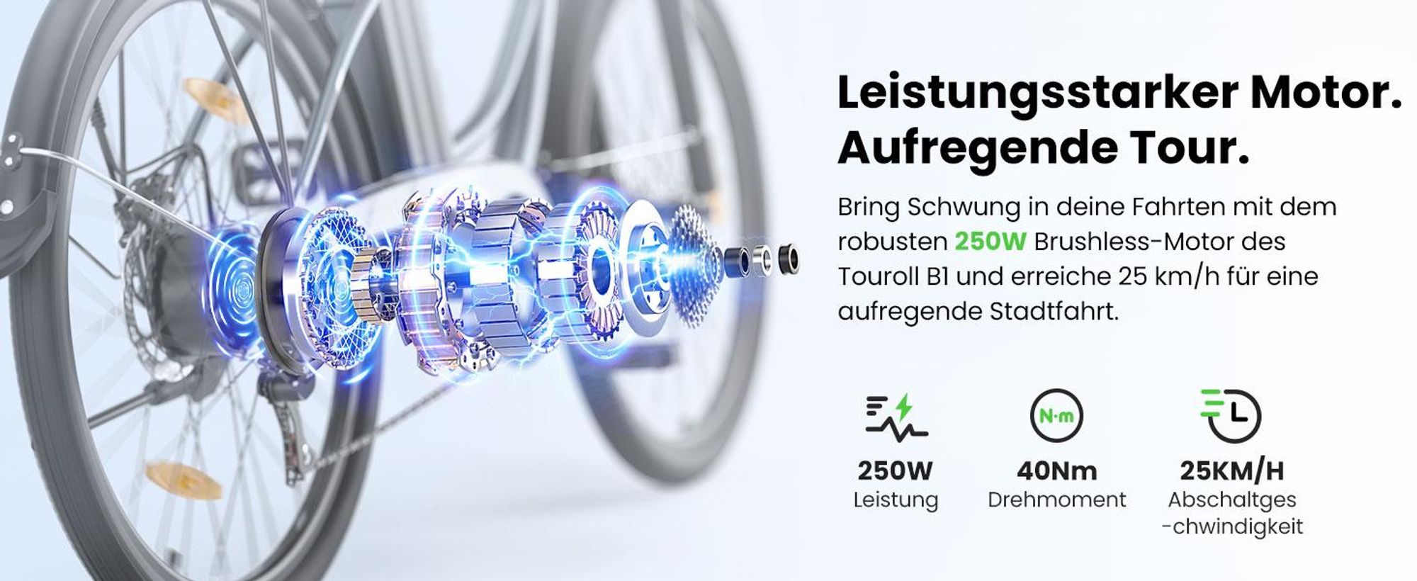 Touroll B1 E-Bike 250W, 90 km Reichweite, Shimano 7-Gang, 100 mm Federgabel, 25 km/h, Tiefeinsteiger