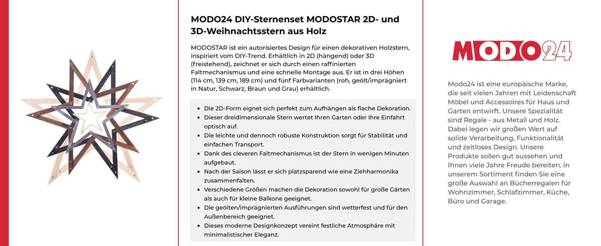 MODO24 3D Weihnachtsstern Holz MODOSTAR Set, Holzstern, Deko Stern,Holz, Faltbar, Outdoor Garten Wetterfest, 189 cm, Natur Imp, GWZ