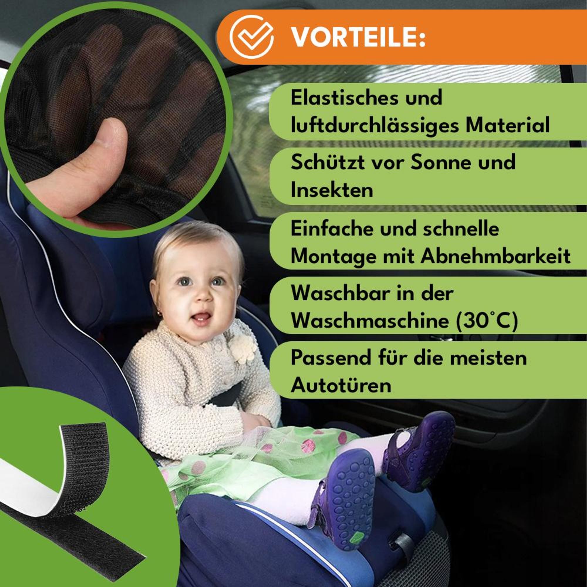KRUMAD Auto Sonnenschutz Baby 2 Stück – Moskitonetz & Sonnenblende für Autofenster, UV Schutz Seitenfenster, Sonnenschutz Auto Zubehör Kinder