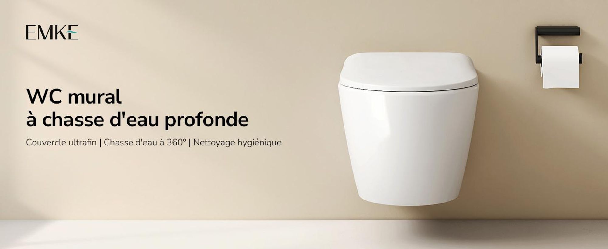 EMKE Toilettes suspendues sans rebord Céramique Economies d'eau Toilettes à montage mural avec chasse d'eau directe Contre-rinçage à double trou Couvercle Soft-Close Blanc brillant