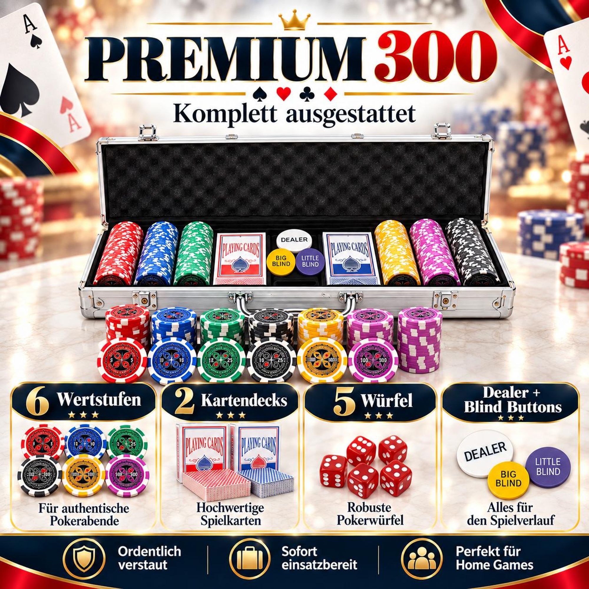Poker Set Premium 300 Chips mit Metallkern (11,5g) – 6 Wertstufen, Aluminium Koffer, 2 Kartendecks, Blind Chips & Zubehör