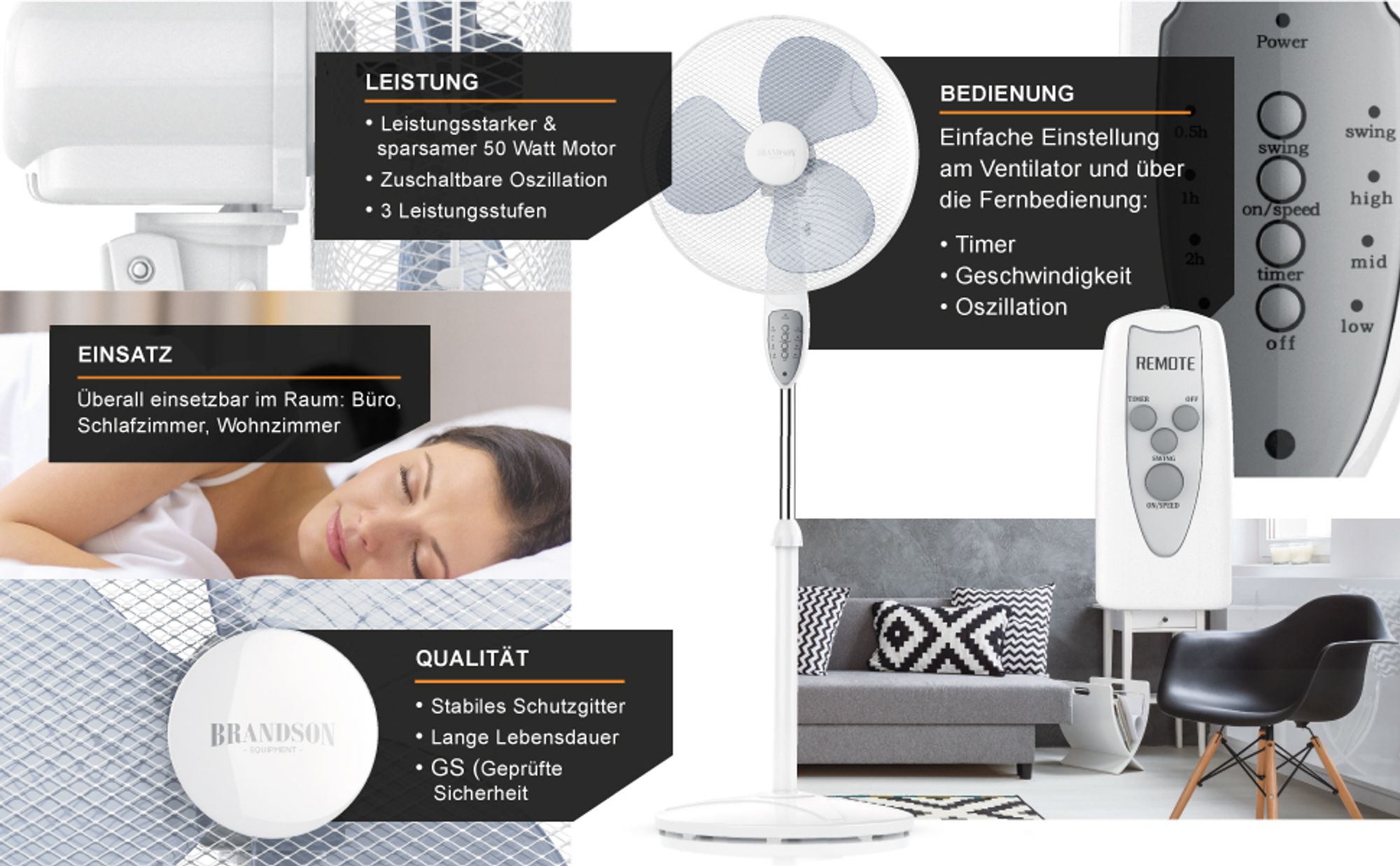 Weißer Standventilator mit Fernbedienung, ideal für Büro, Schlafzimmer oder Wohnzimmer