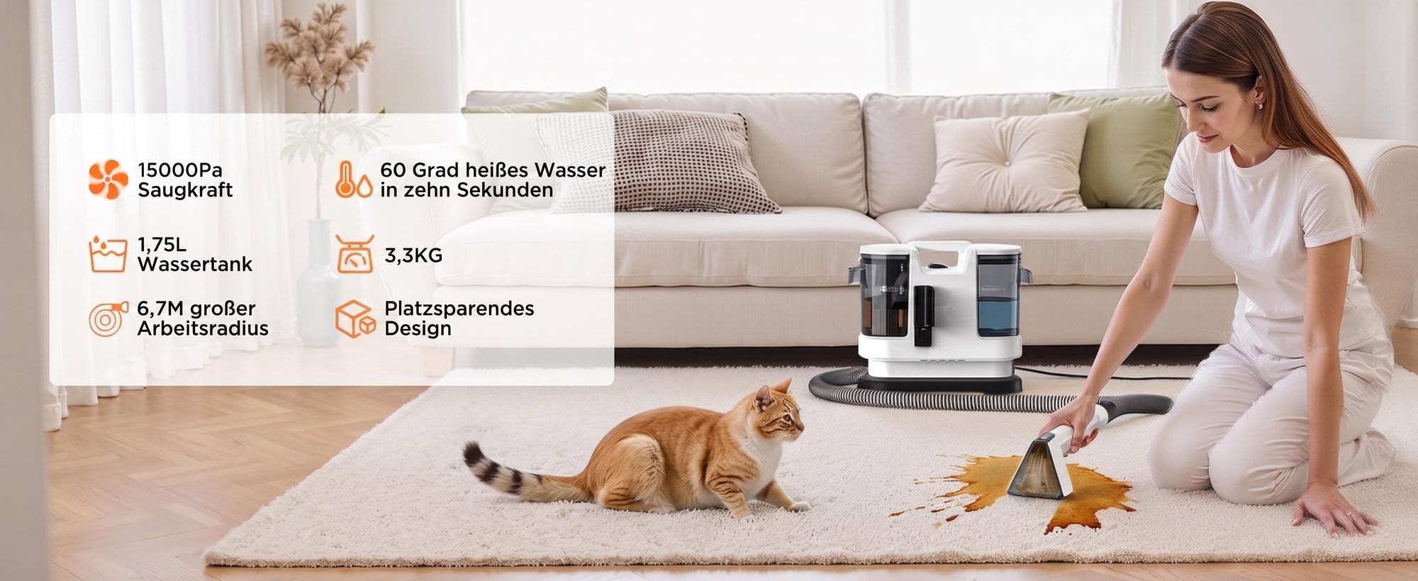 Lubluelu V8-B Polsterreiniger mit Heißwasserfunktion 60℃ 15000Pa Waschsauger 3-in-1 Teppichreiniger Nasssauger für Sofa, Autositze & Polster