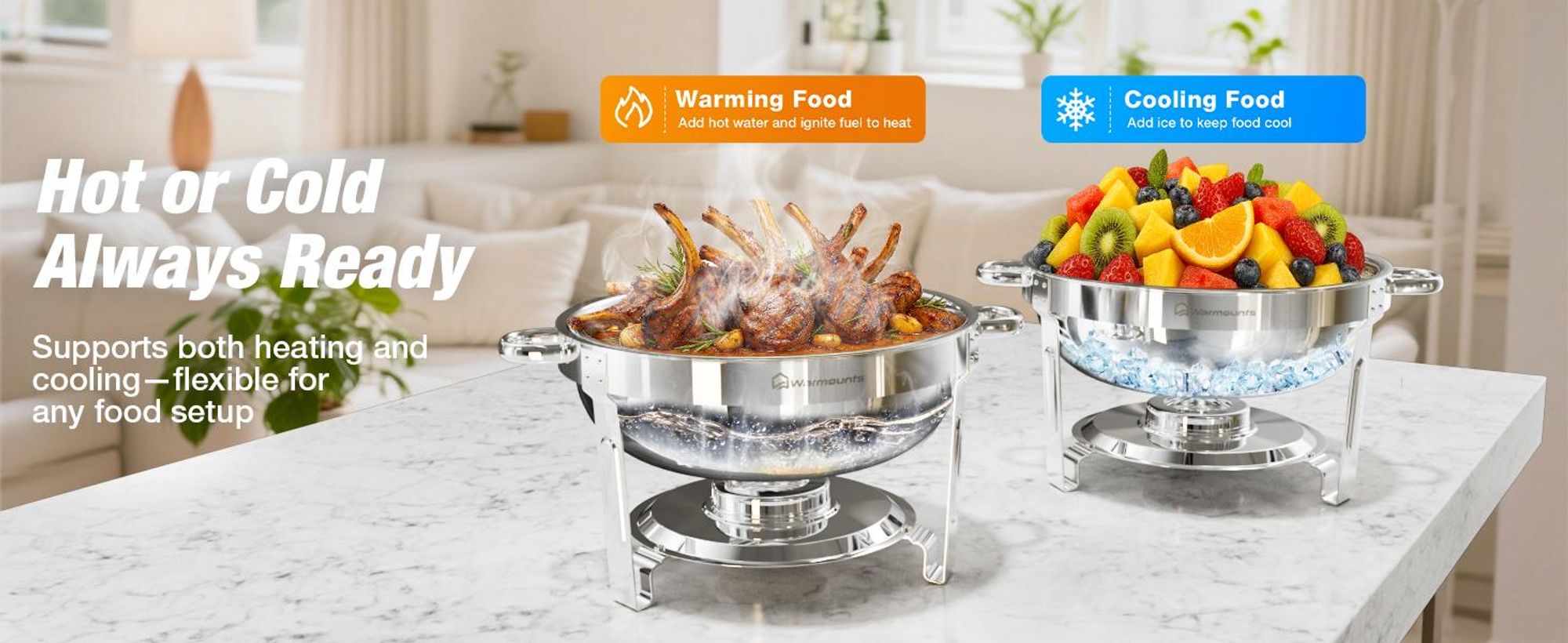 Warmounts 4er-Set Runde Chafing Dishes Buffetwärmer 4,7L mit Glasdeckel, Edelstahl poliert, Stapelbar, Deckelhalter, Speisenwärmer für Party