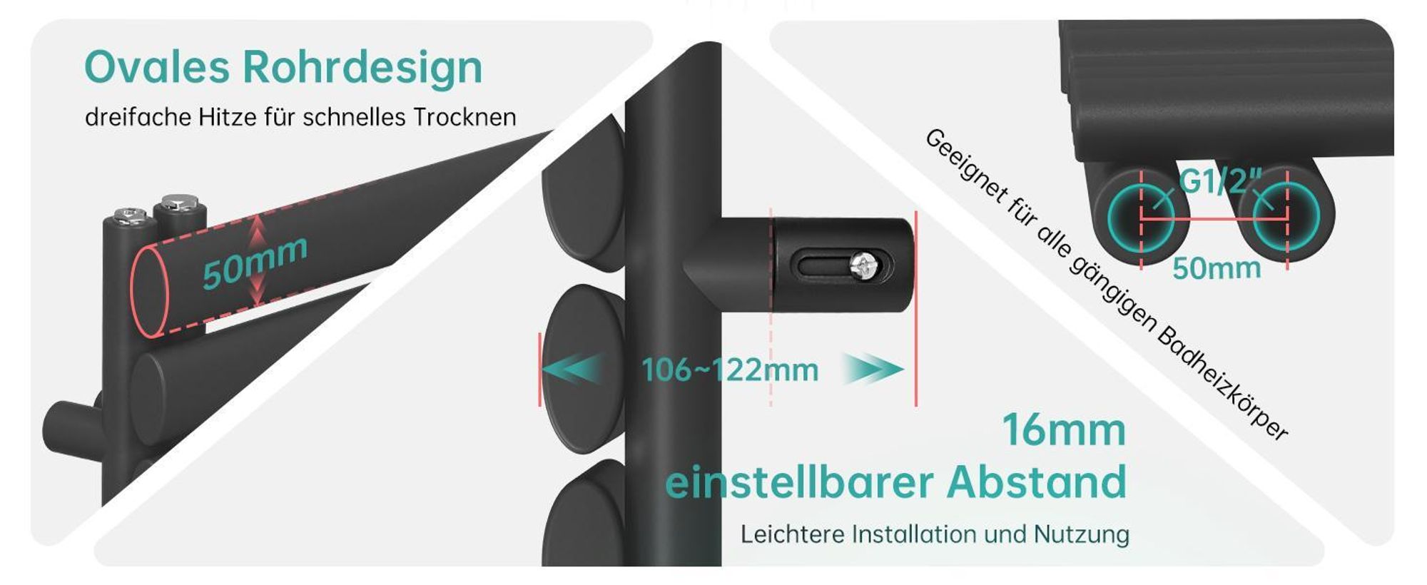 EMKE Badheizkörper Oval Röhren Badheizkörper Handtuchwärmer Rohrheizkörper Vertikal Seitenanschluss für Wasser Anthrazit 174×60cm ohne Heizstab