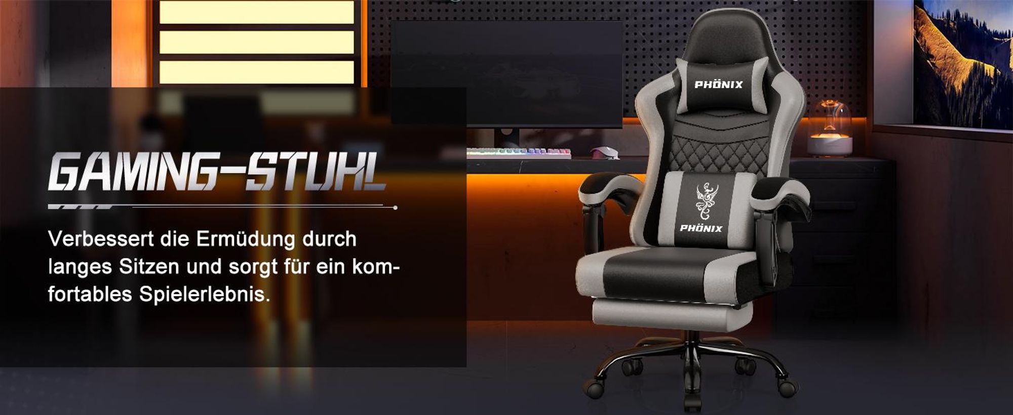 Aiibot Gaming Stuhl, Ergonomischer Gaming Sessel,Schreibtischstuhl,Gamingstuhl mit Fußstütze,Gaming stuhl 150 kg,verstellbare Rückenlehne,Schwarz/Grau