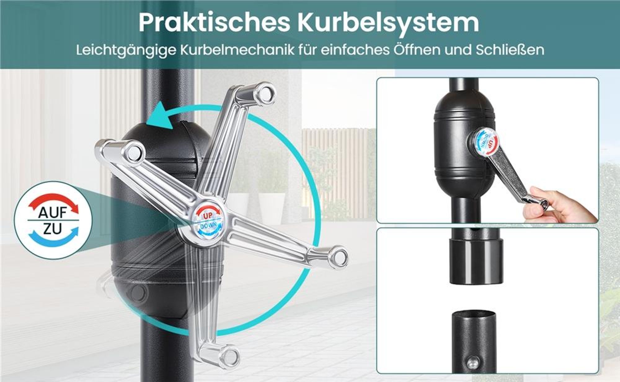 Yaheetech Rechteckiger Sonnenschirm Ø 227 cm, neigbarer Gartenschirm mit 6 Rippen, Terrassenschirm Kurbelschirm, Sonnenschutz, Grau