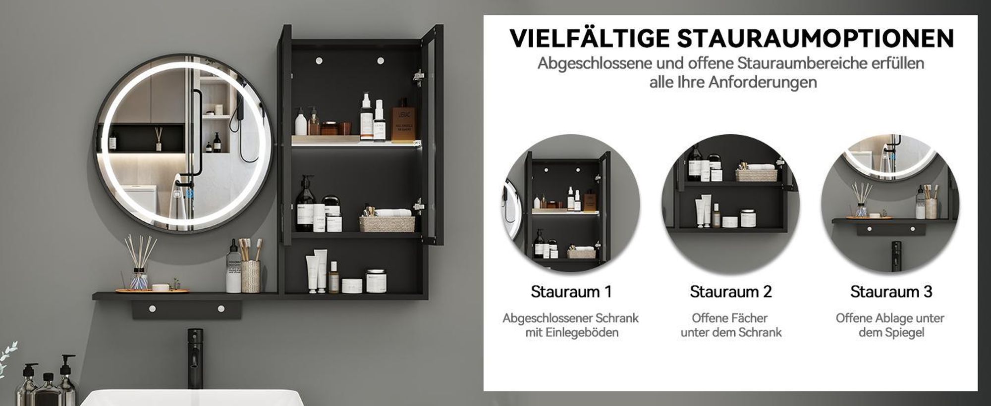Puluomis Spiegelschrank LED Badspiegel mit Schrank und offenen Fächern, 3 Lichtfarben & dimmbar, Antibeschlag, Touch-Steuerung Wandschrank schwarz