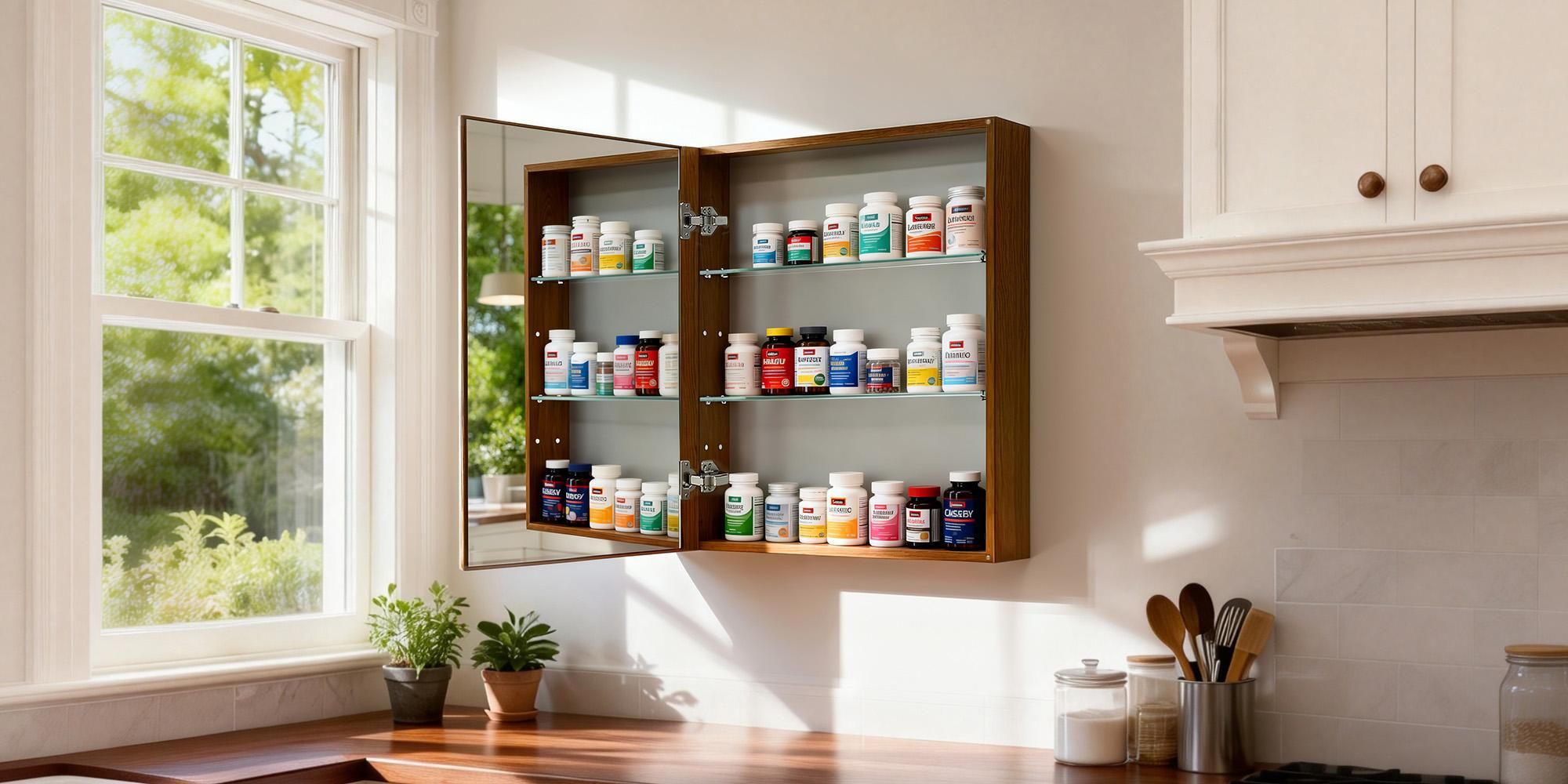 WISFOR Spiegelschrank Bad 50 x 66 cm, Medizinschrank zur Wandmontage, LED-Innenlicht, verstellbare Glasablagen für das Badezimmer