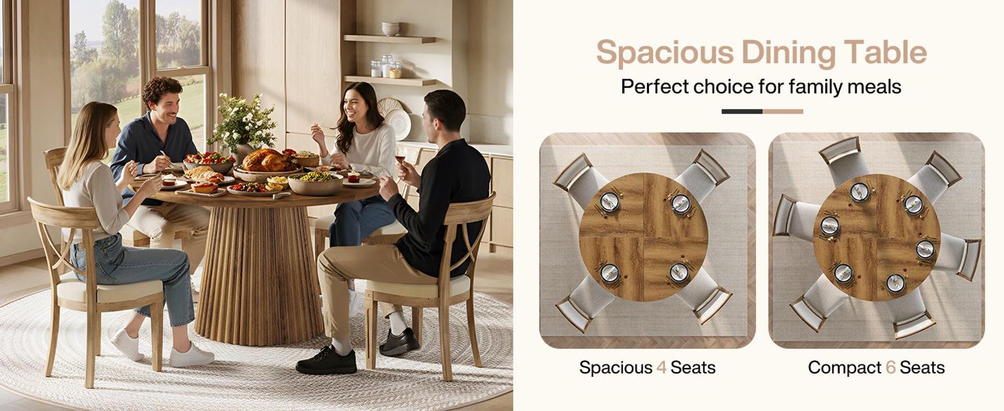 Tribesigns 120 cm Runder Esstisch für 4-6 Personen, Küchentisch im Landhausstil, Esszimmertisch aus Holz mit geriffeltem Sockel für Esszimmer, Küche