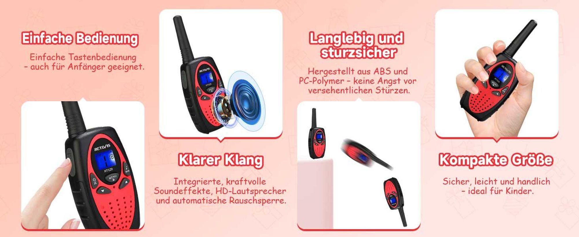 Retevis RT628 Walkie Talkie Kinder, Geschenke für Kinder, mit Taschenlampe, DCS/CTCSS, Spielzeug ab 6-12 Jahre, für Camping Familienspiel