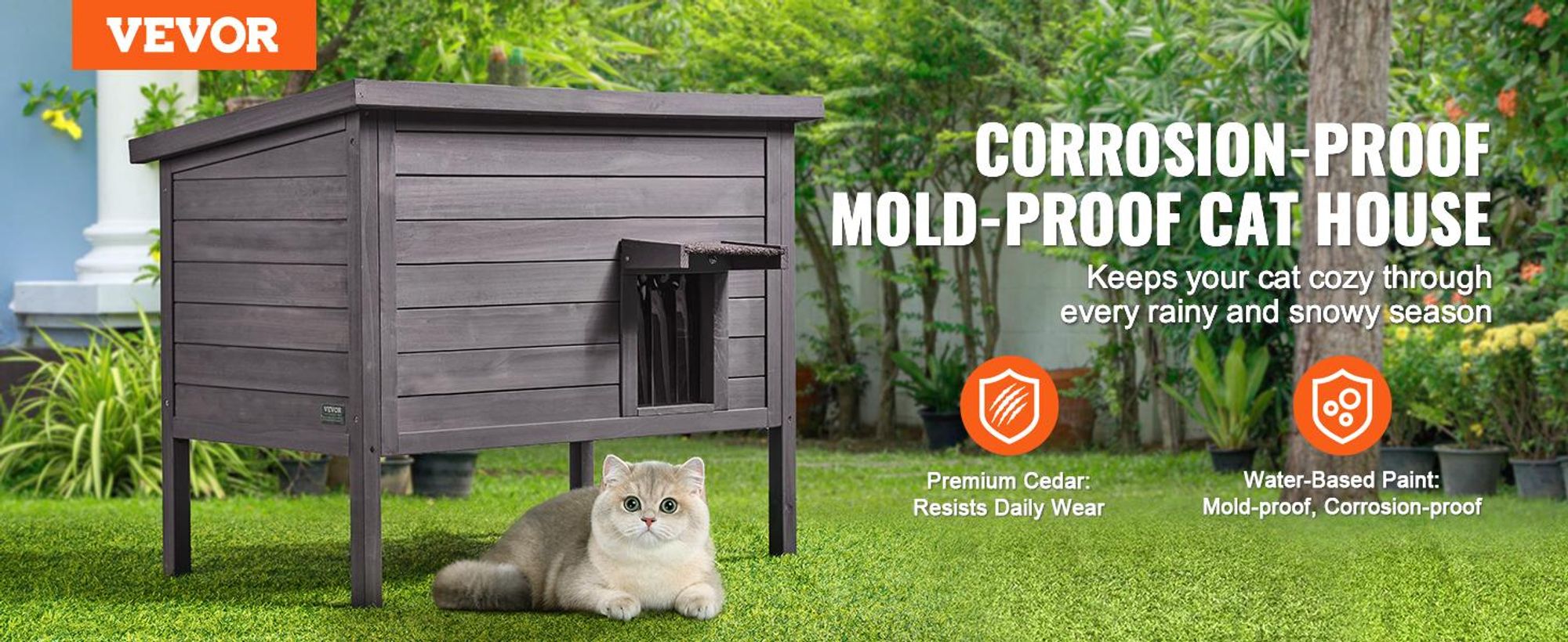 VEVOR Katzenhaus für draußen, wetterfest, Unterschlupf für Wildkatzen für mehrere Katzen, Katzen-/Kaninchenhaus aus Holz für draußen, rundum schaumisoliert, offenes Dach, Türklappen aus PVC, 86,4 cm L x 56,4 cm B x 68,6 cm H